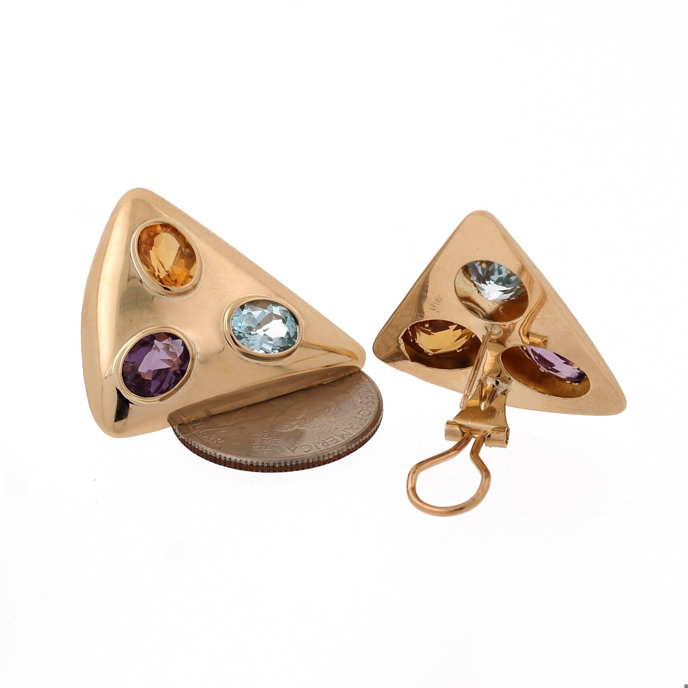 Multi Gemstone Triangle Earrings 14K Yellow Gold 8.00 CTW Omega Backs Estate