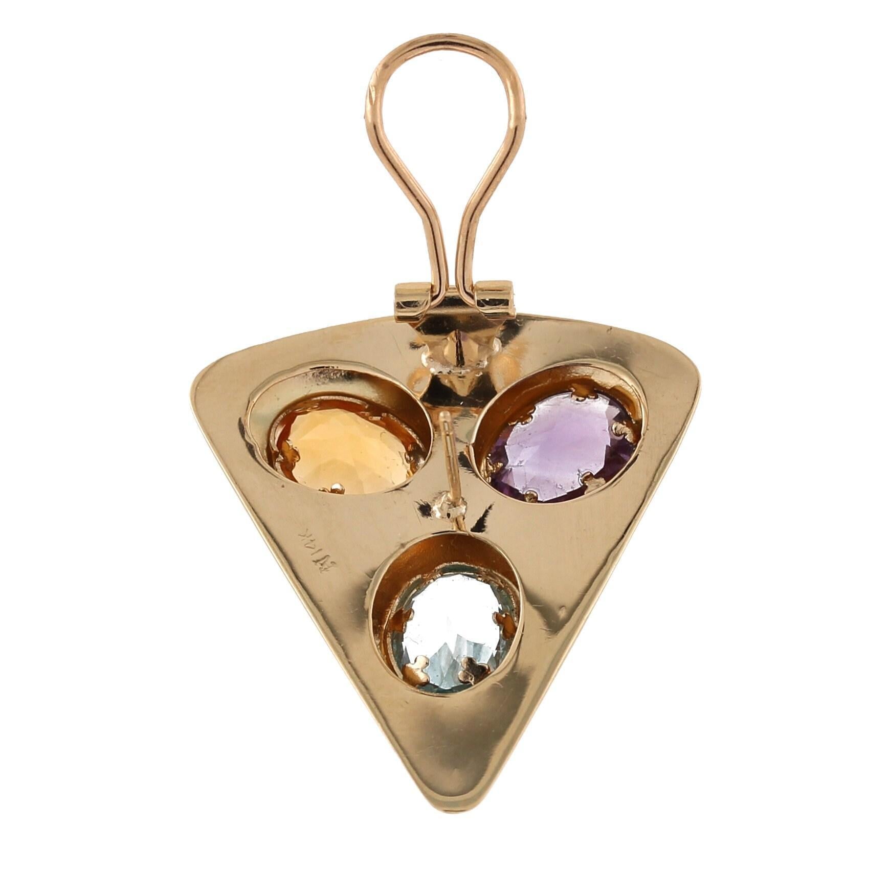 Multi Gemstone Triangle Earrings 14K Yellow Gold 8.00 CTW Omega Backs Estate