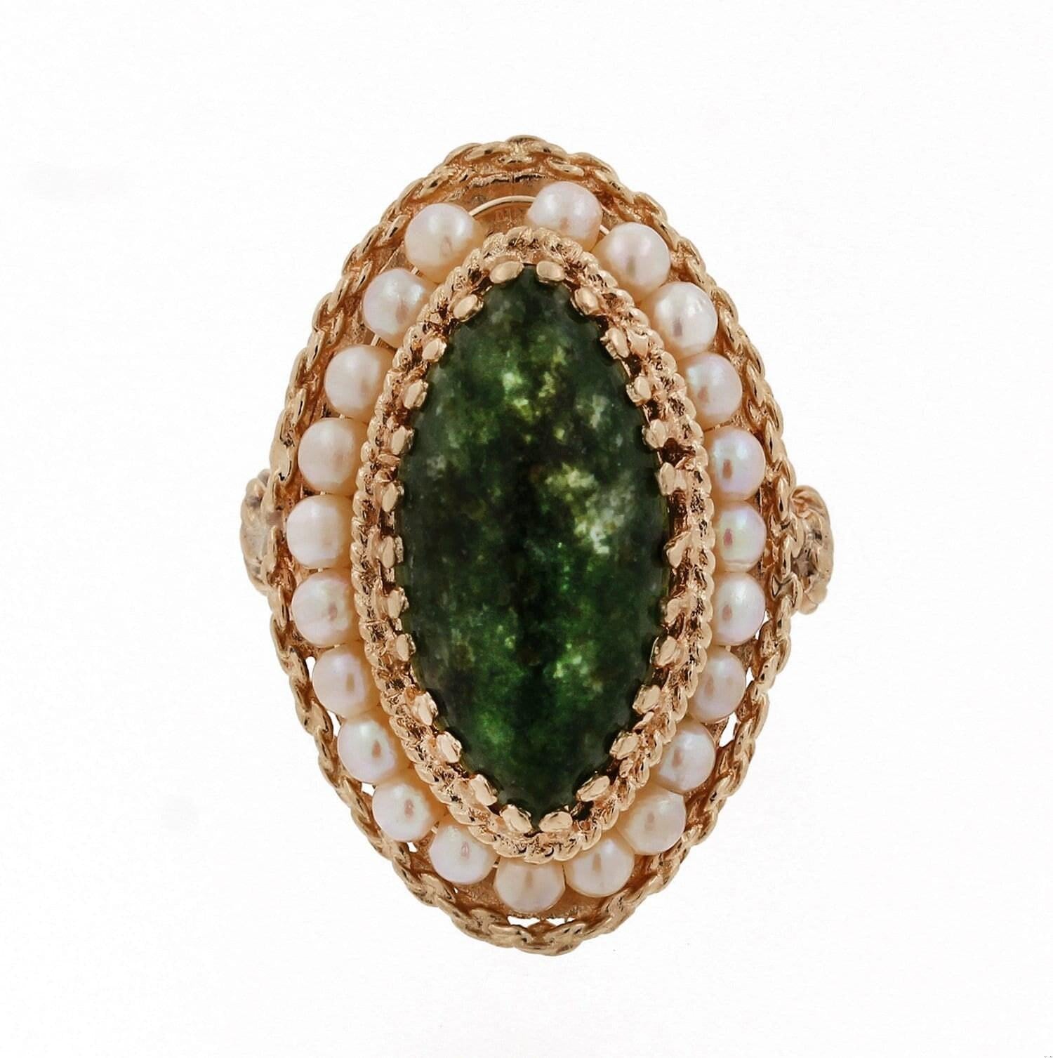 Jadeite Marquise Gemstone Pearl Statement Ring Yellow Gold Size 6.5 Estate