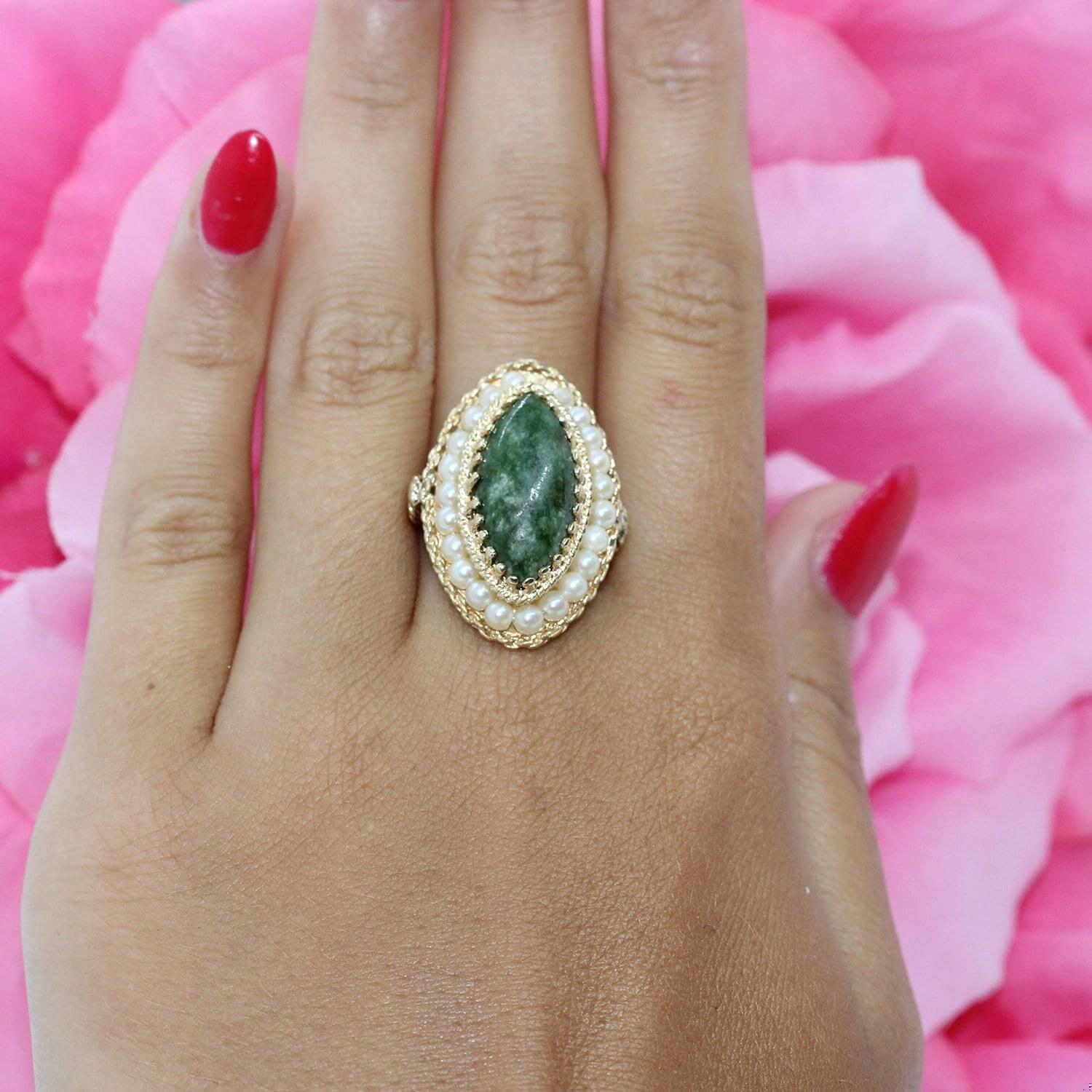 Jadeite Marquise Gemstone Pearl Statement Ring Yellow Gold Size 6.5 Estate