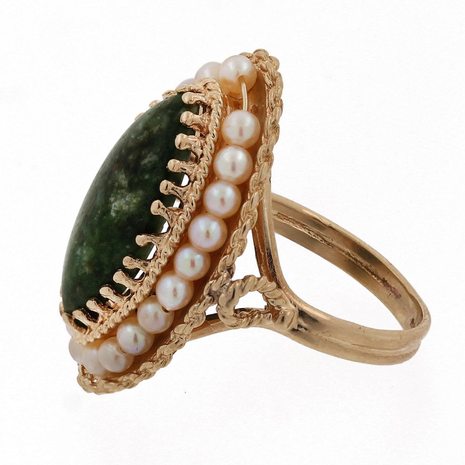 Jadeite Marquise Gemstone Pearl Statement Ring Yellow Gold Size 6.5 Estate