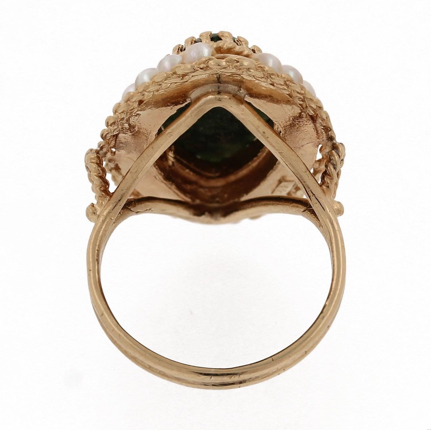 Jadeite Marquise Gemstone Pearl Statement Ring Yellow Gold Size 6.5 Estate