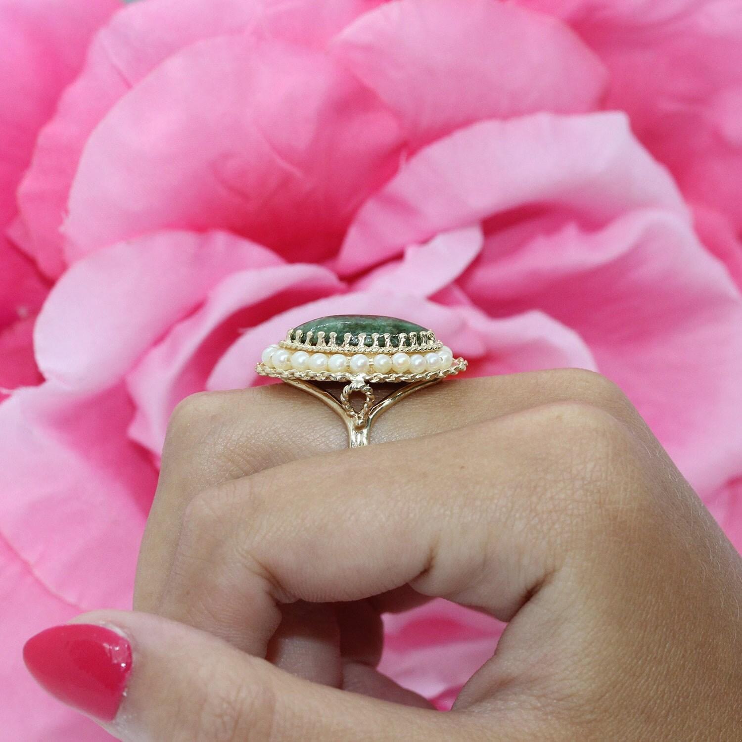 Jadeite Marquise Gemstone Pearl Statement Ring Yellow Gold Size 6.5 Estate