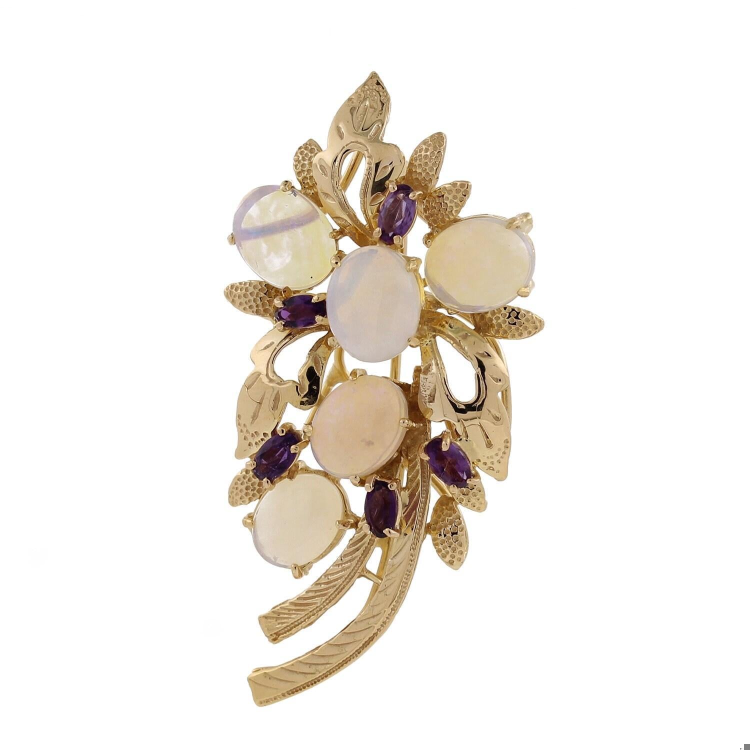 Opal Amethyst Floral Brooch Pin 14K Yellow Gold 1.05" 16.10 CTW Vintage