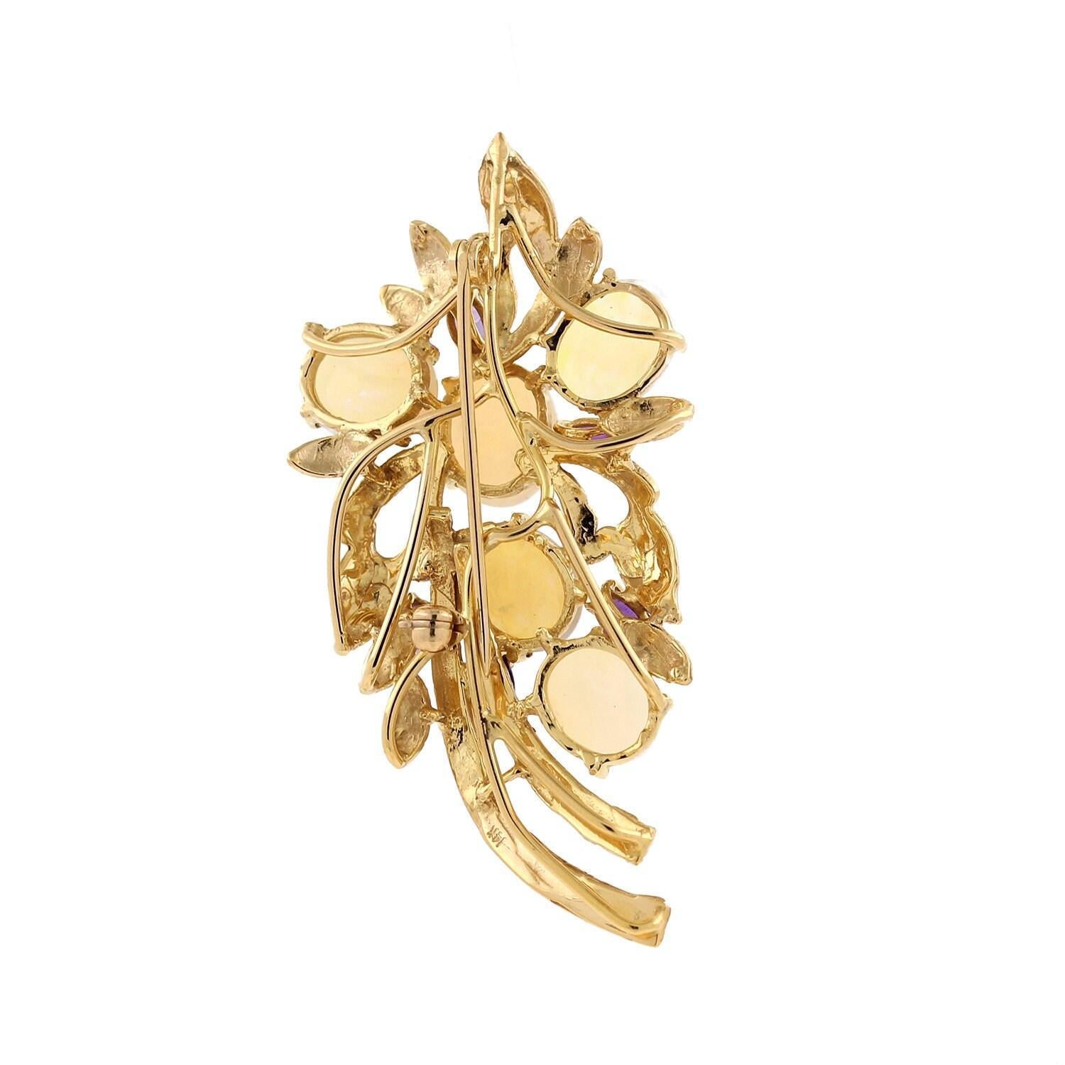 Opal Amethyst Floral Brooch Pin 14K Yellow Gold 1.05" 16.10 CTW Vintage