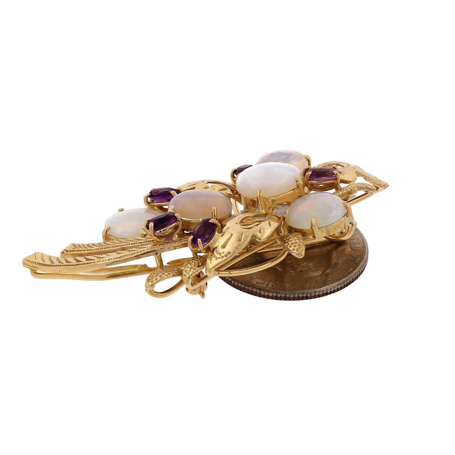 Opal Amethyst Floral Brooch Pin 14K Yellow Gold 1.05" 16.10 CTW Vintage