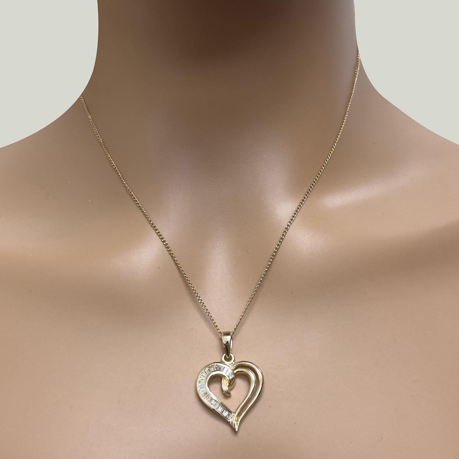 Open Heart Diamond Pendant Charm 14K Yellow Gold 0.50 TW Baguette Diamonds 1.15"