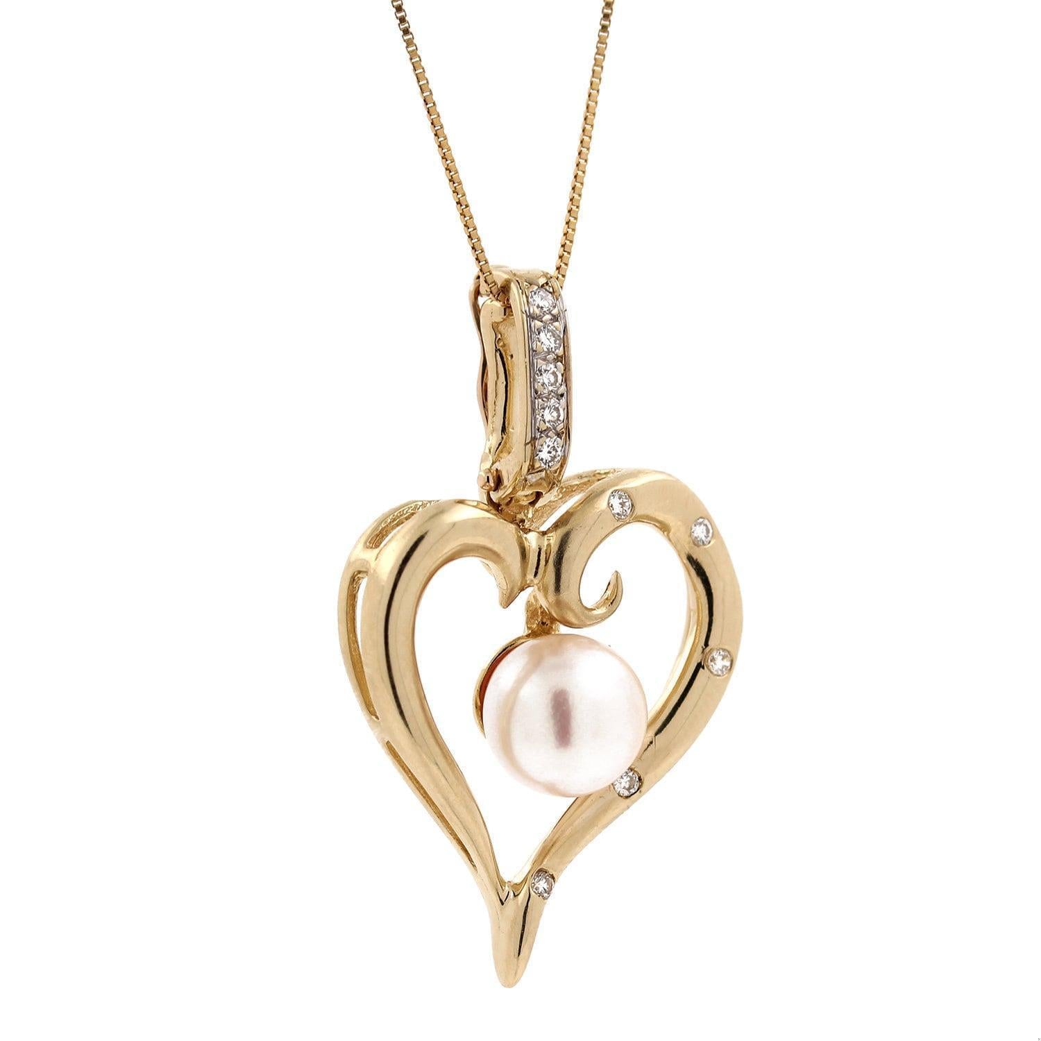 Open Heart Pearl Diamond Pendant Slider 14K Y/Gold 0.20 CTW 1.35"