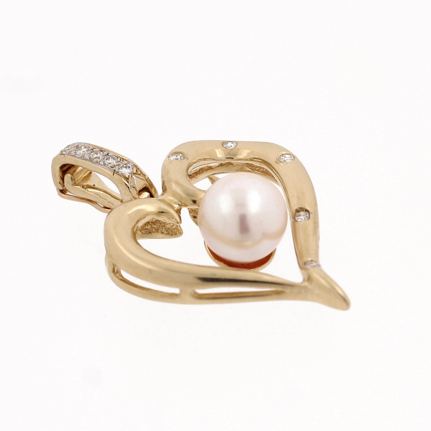 Open Heart Pearl Diamond Pendant Slider 14K Y/Gold 0.20 CTW 1.35"