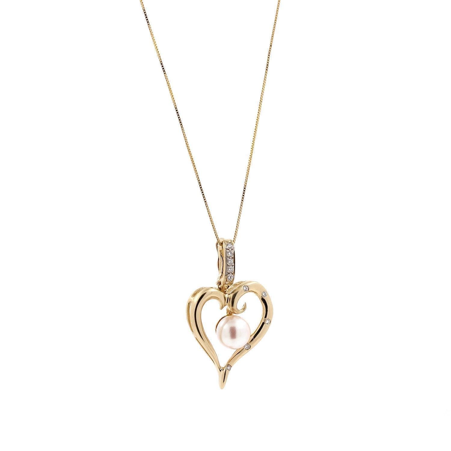 Open Heart Pearl Diamond Pendant Slider 14K Y/Gold 0.20 CTW 1.35"
