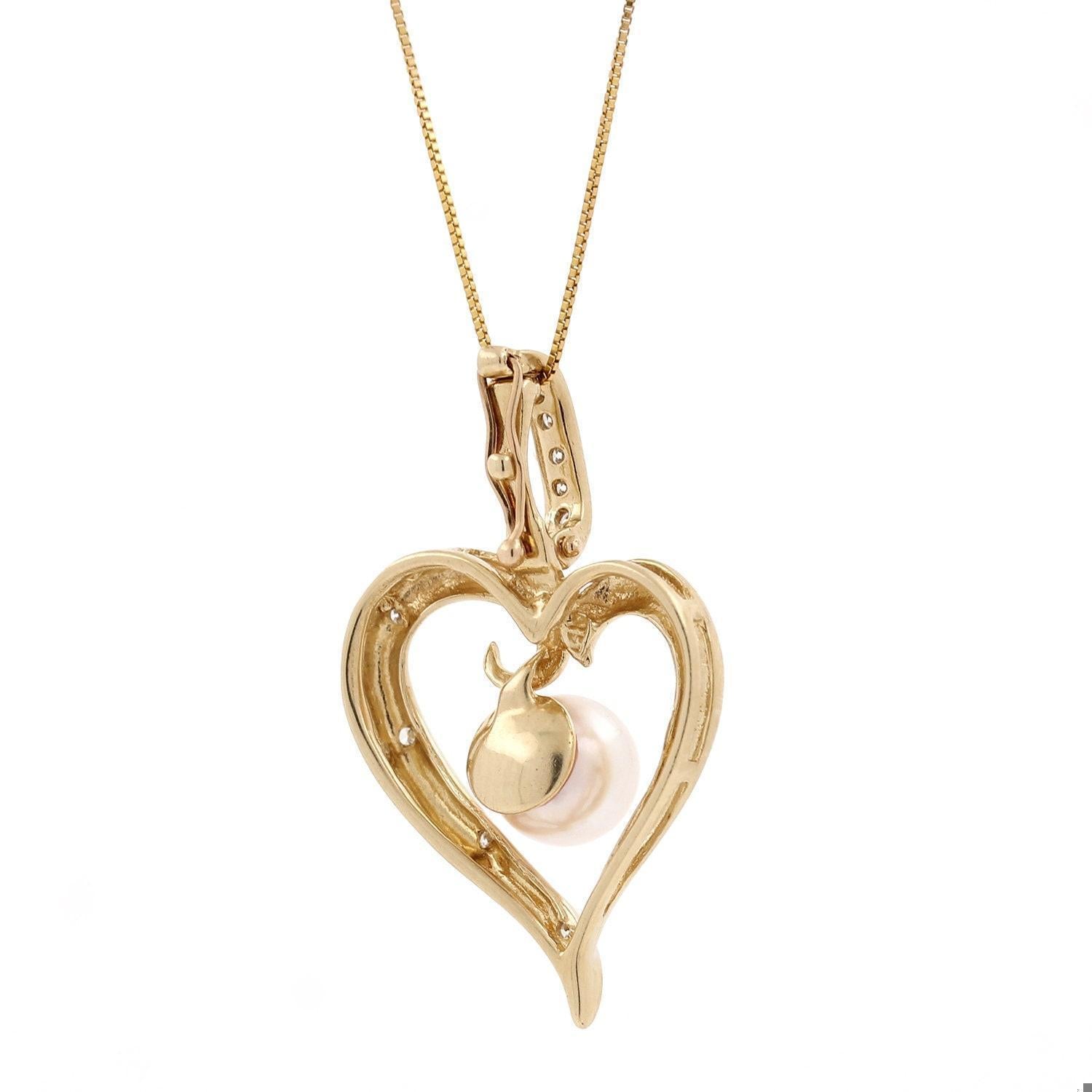 Open Heart Pearl Diamond Pendant Slider 14K Y/Gold 0.20 CTW 1.35"