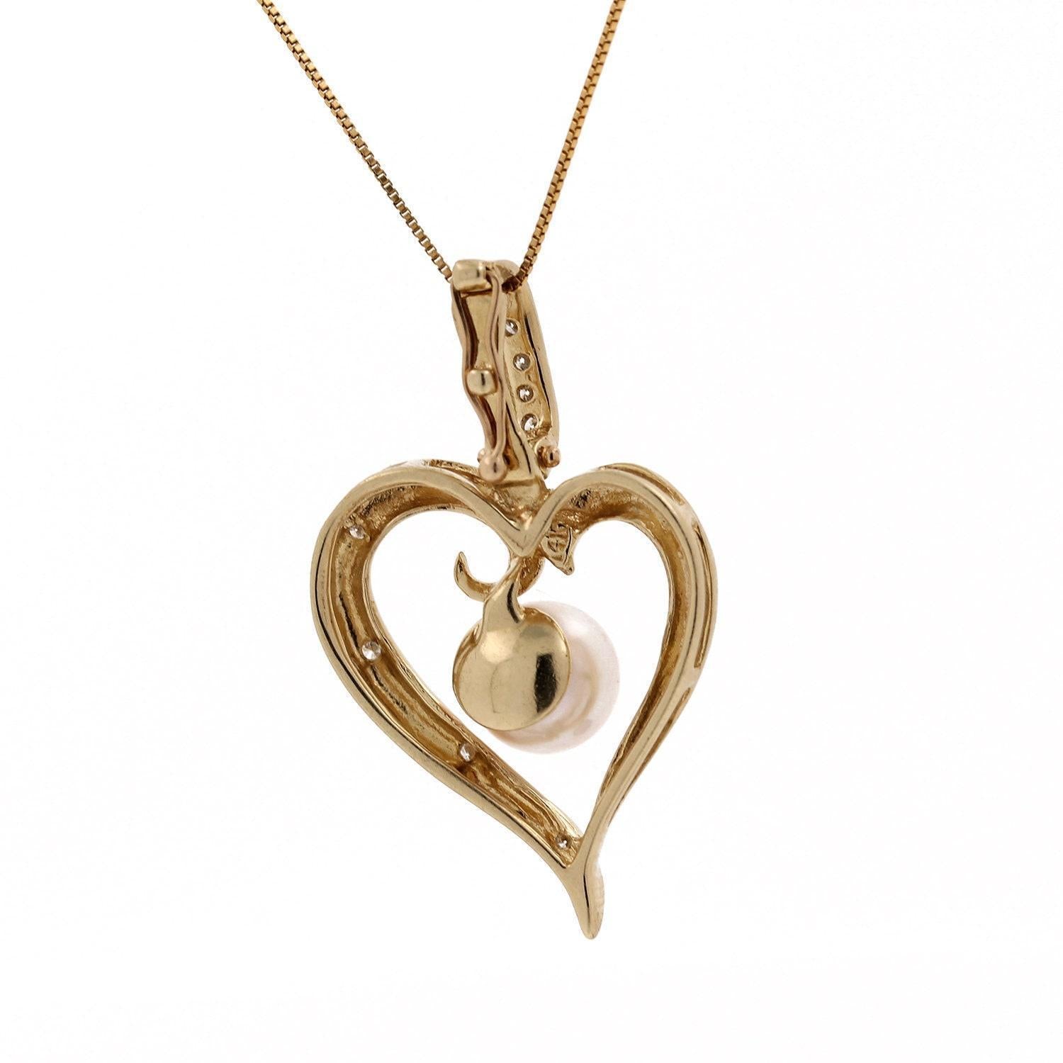 Open Heart Pearl Diamond Pendant Slider 14K Y/Gold 0.20 CTW 1.35"