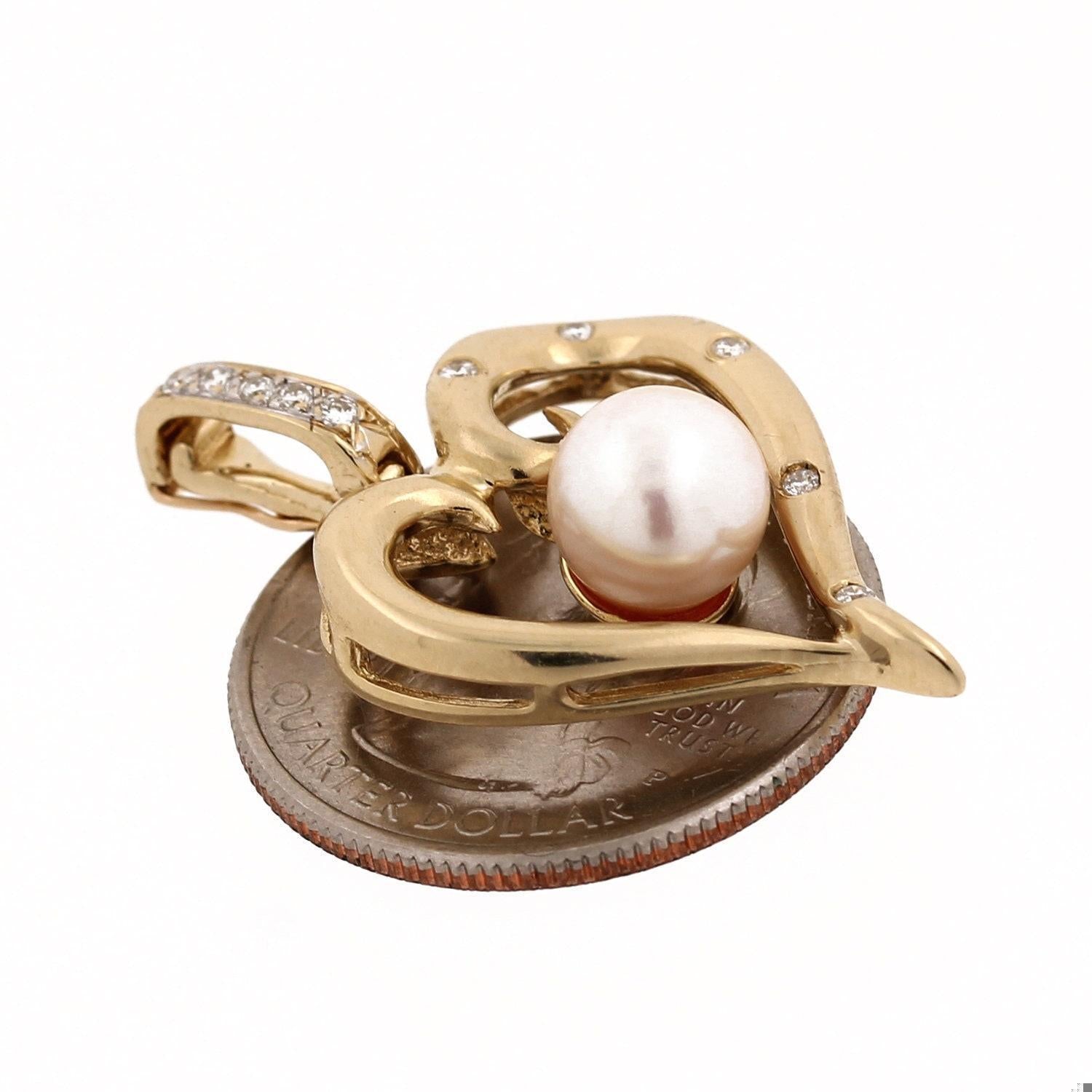 Open Heart Pearl Diamond Pendant Slider 14K Y/Gold 0.20 CTW 1.35"