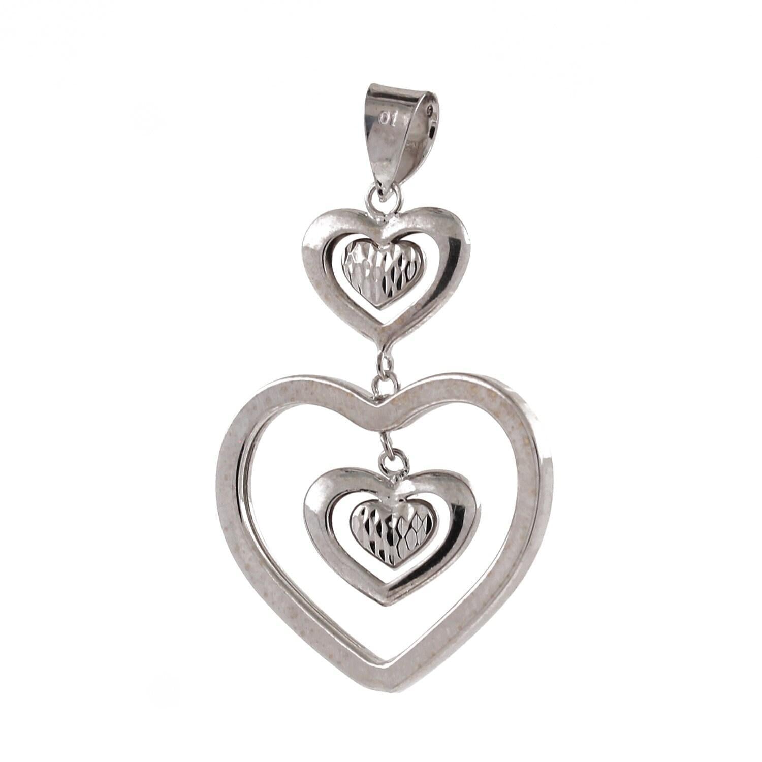 Open Heart Pendant 14K White Gold Diamond Cut 5 Heart Dangle 1.40" Estate