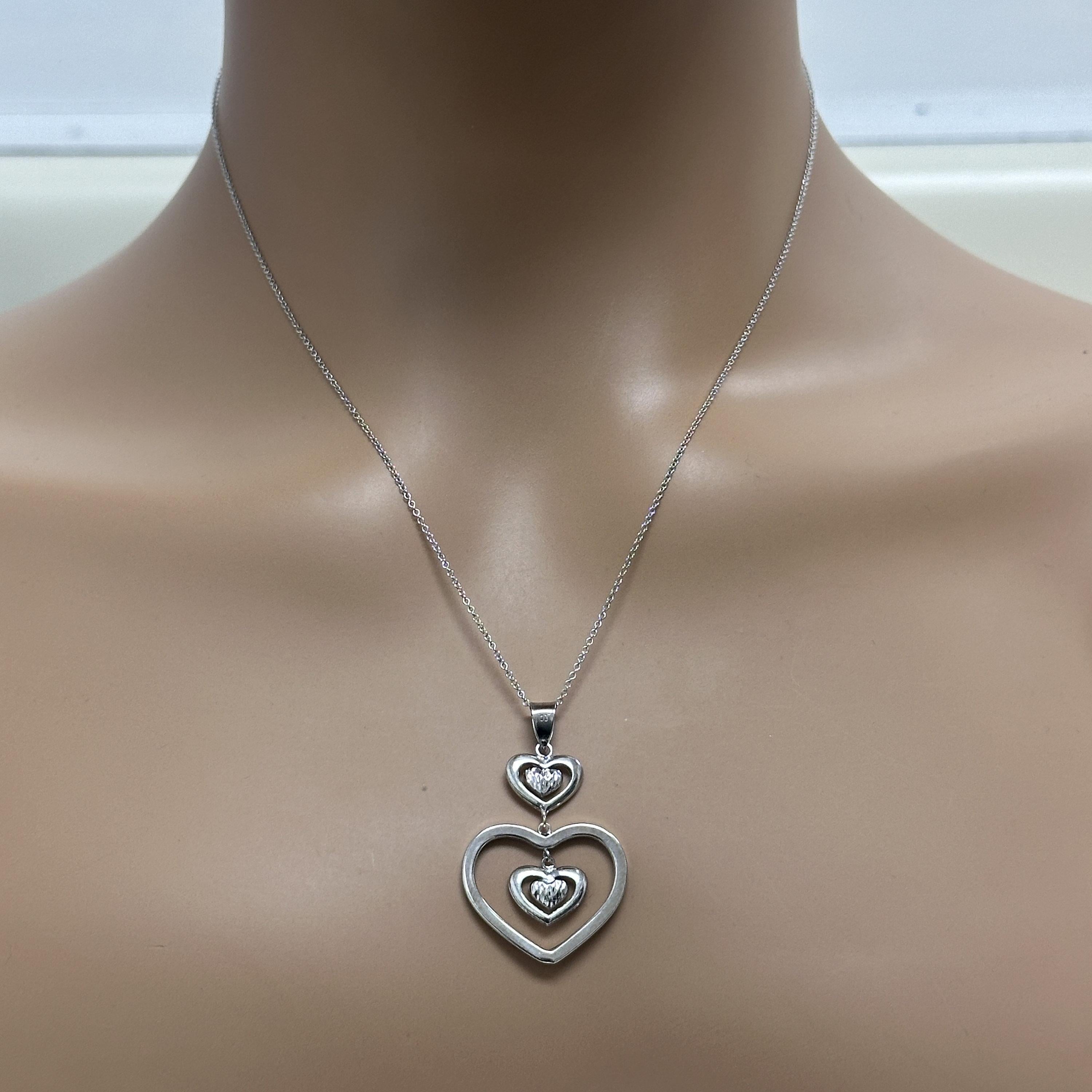 Open Heart Pendant 14K White Gold Diamond Cut 5 Heart Dangle 1.40" Estate