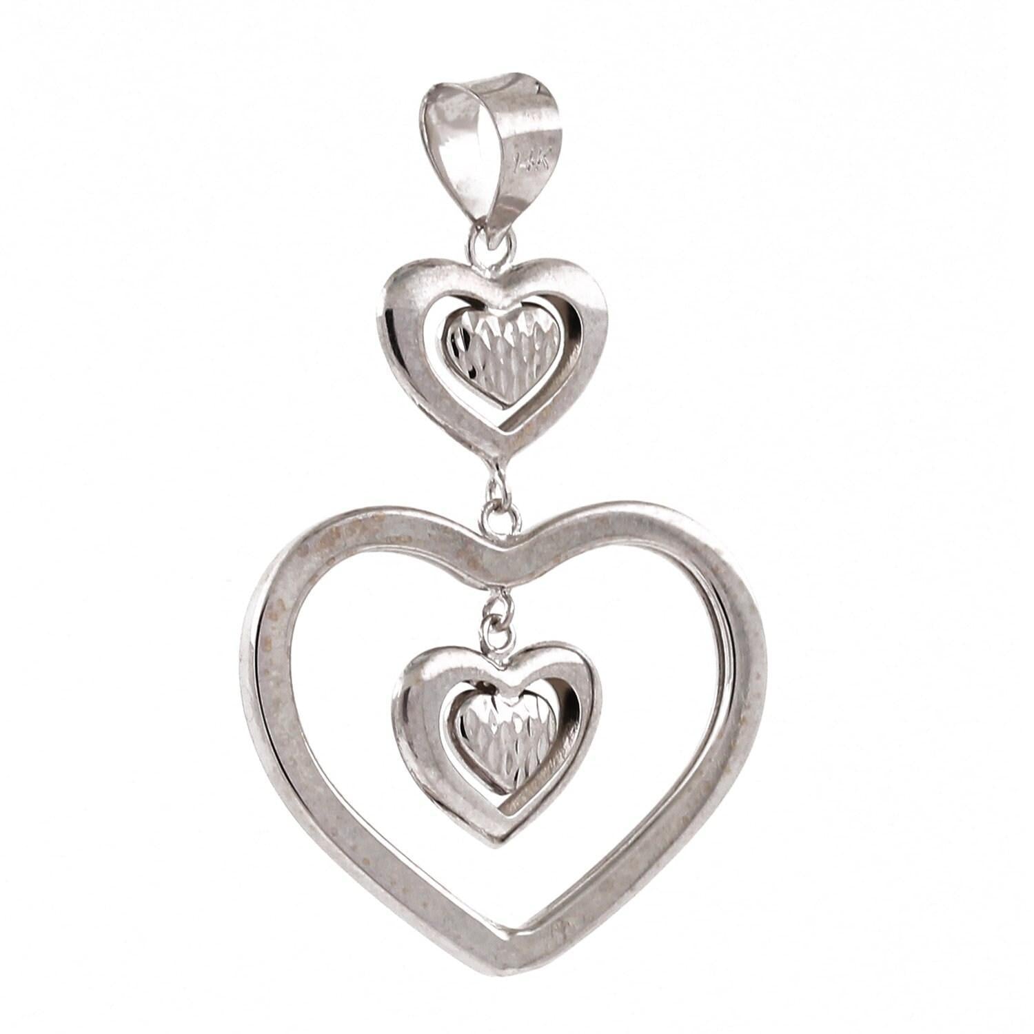 Open Heart Pendant 14K White Gold Diamond Cut 5 Heart Dangle 1.40" Estate