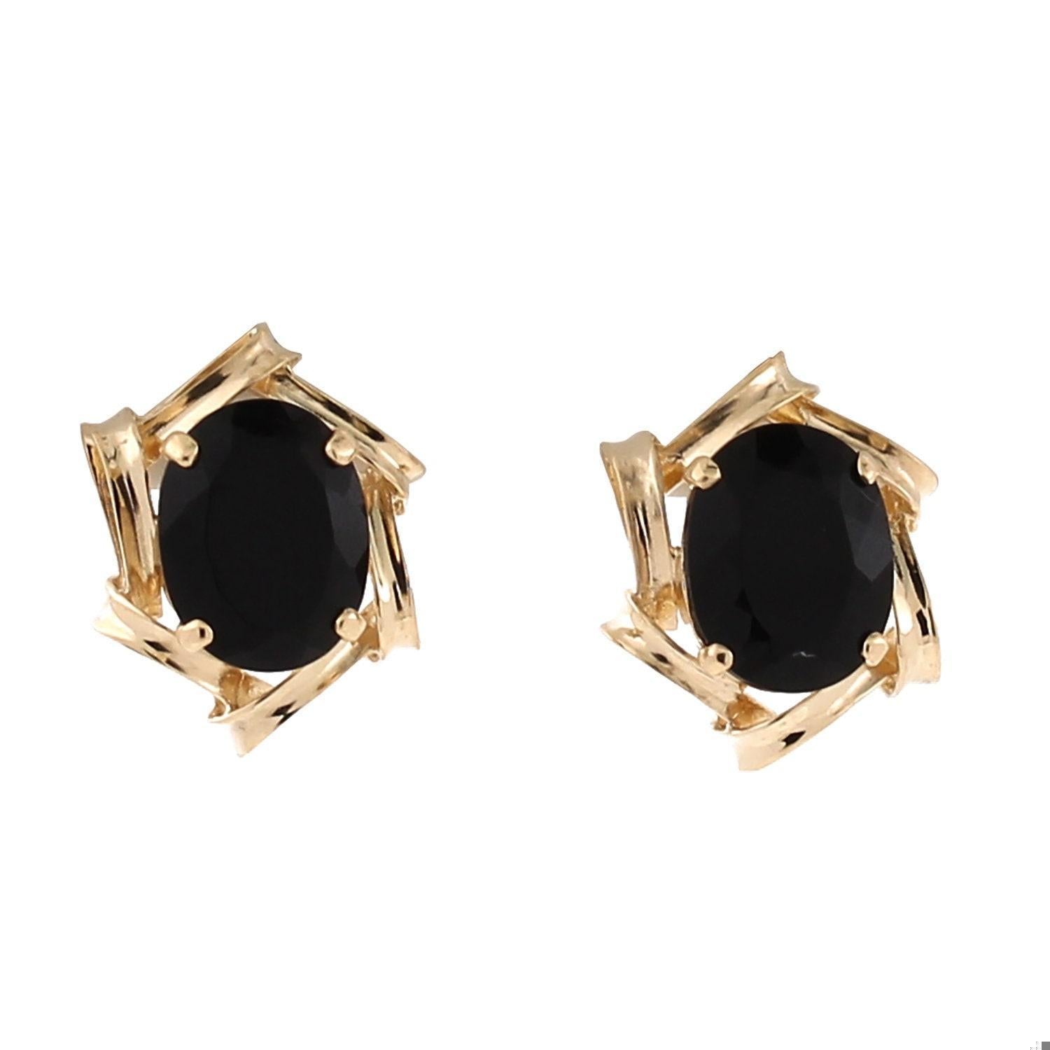 Oval Black Onyx Stud Earrings 14K Yellow Gold Frame 4.00 CTW Prong Set Estate