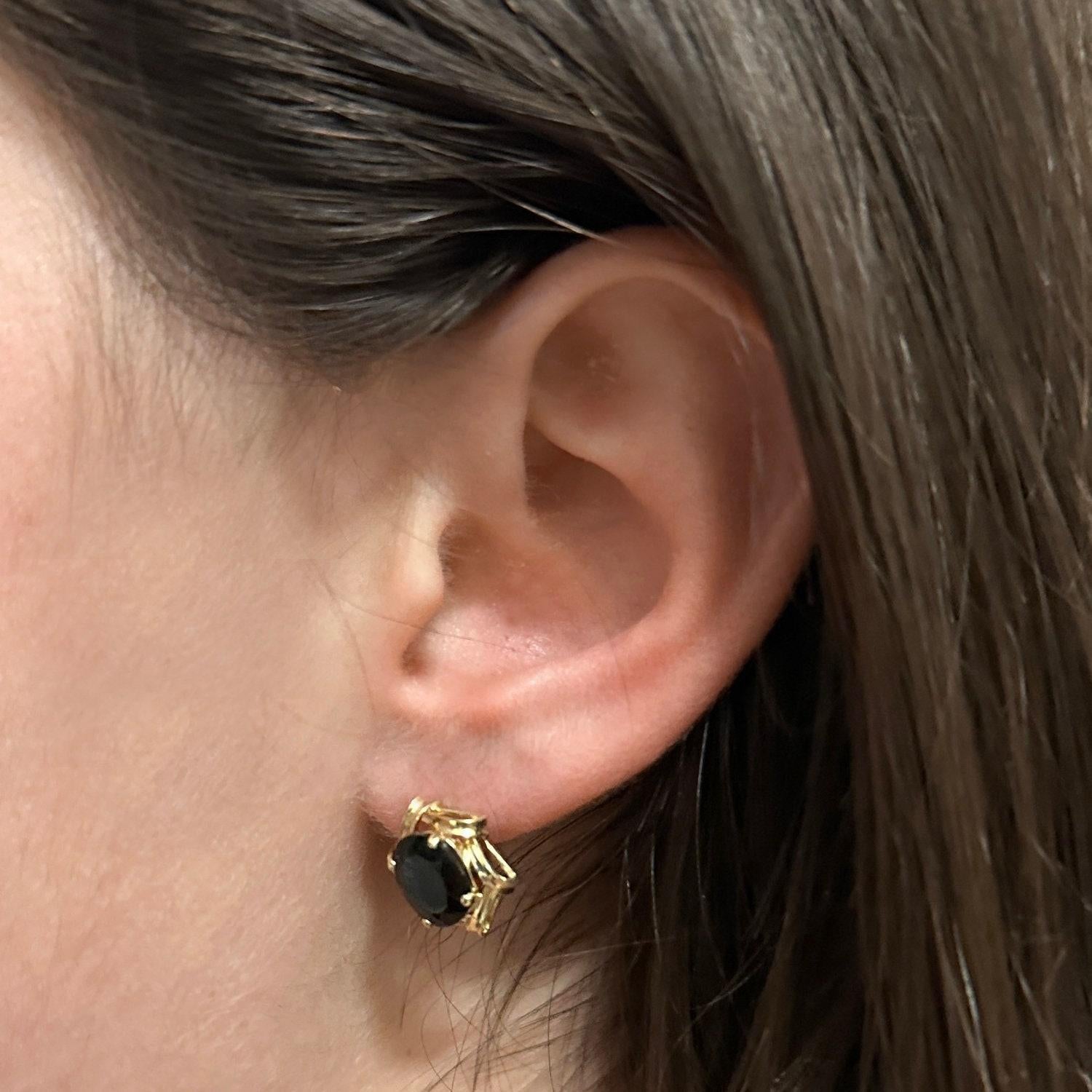 Oval Black Onyx Stud Earrings 14K Yellow Gold Frame 4.00 CTW Prong Set Estate