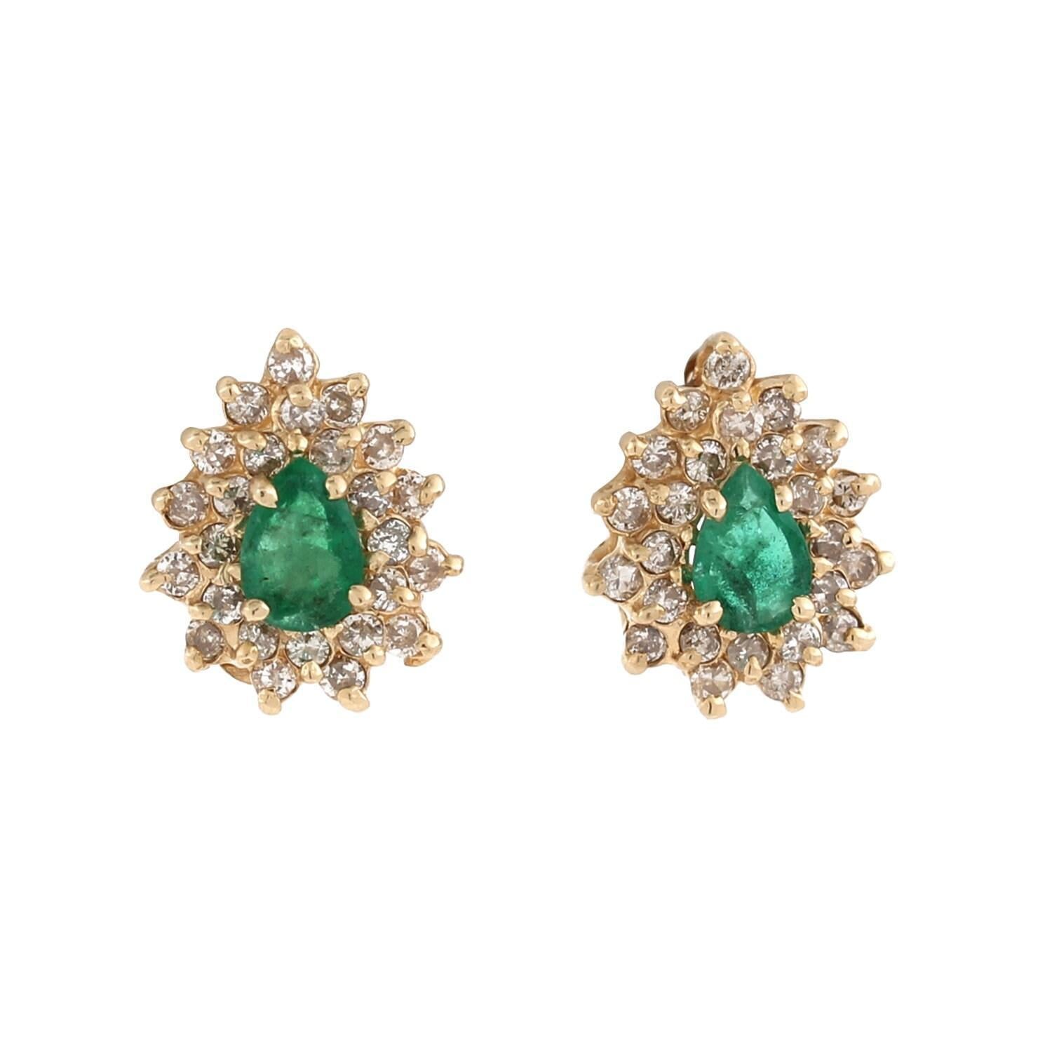 Pear Cut Emerald Diamond Halo Stud Earrings Yellow Gold 1.53 CTW Ladies Estate