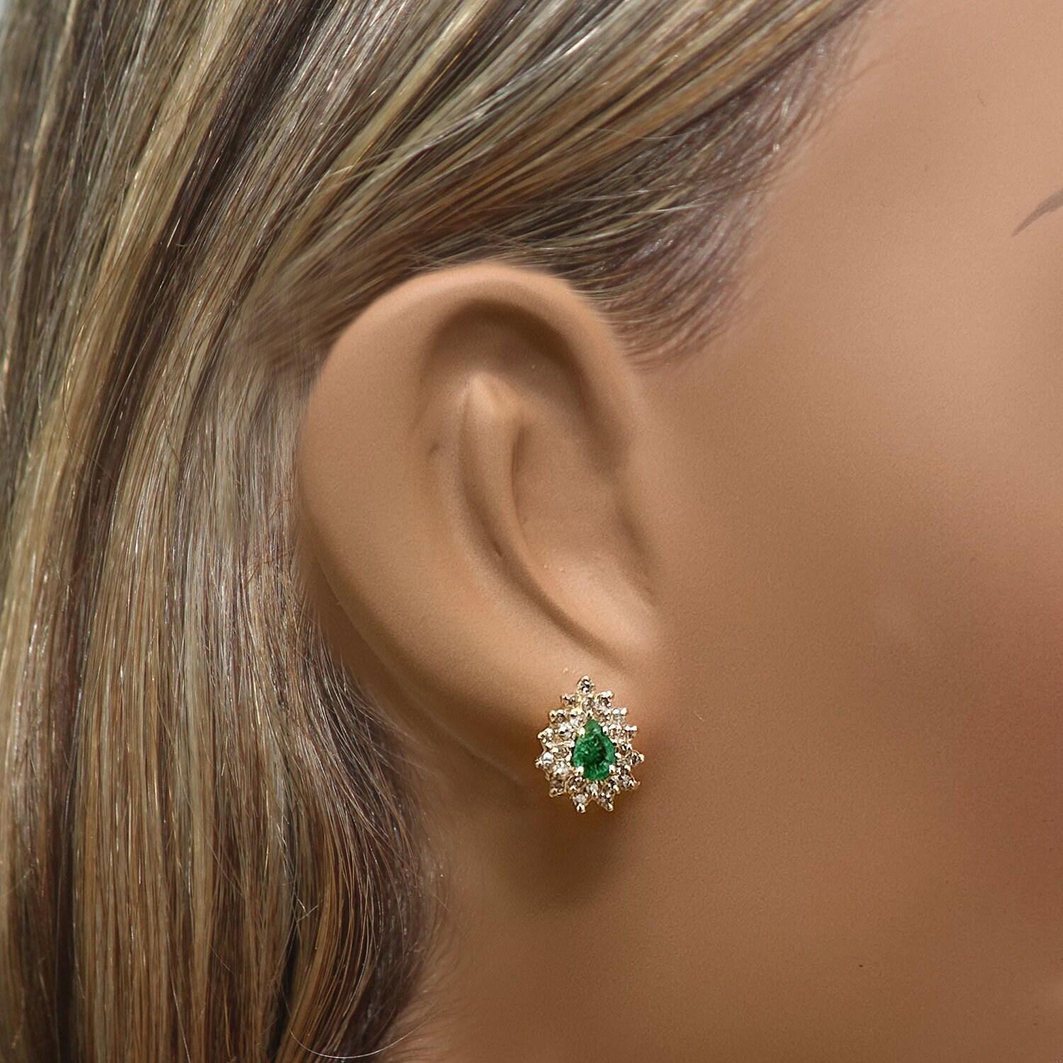 Pear Cut Emerald Diamond Halo Stud Earrings Yellow Gold 1.53 CTW Ladies Estate