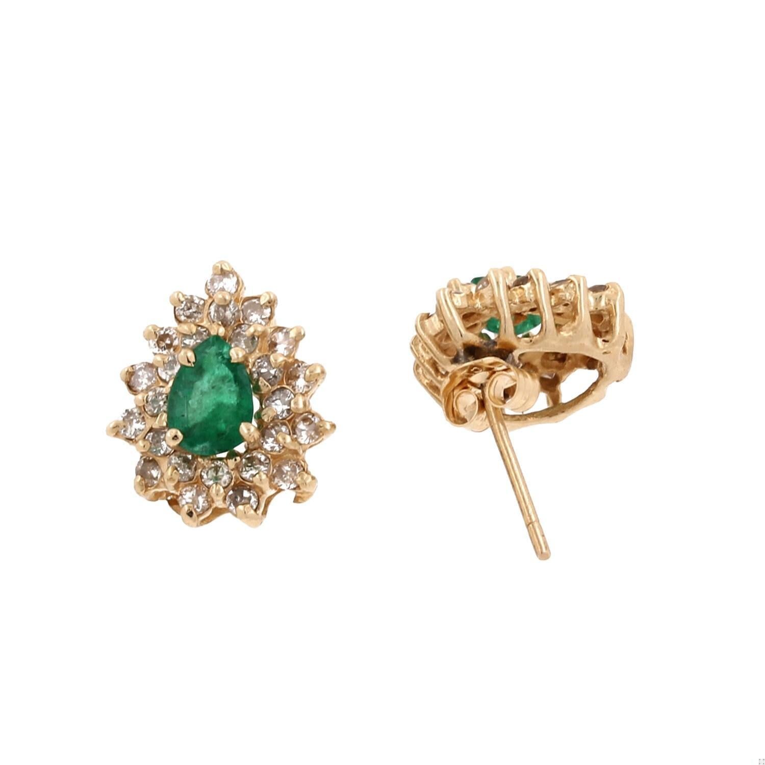 Pear Cut Emerald Diamond Halo Stud Earrings Yellow Gold 1.53 CTW Ladies Estate