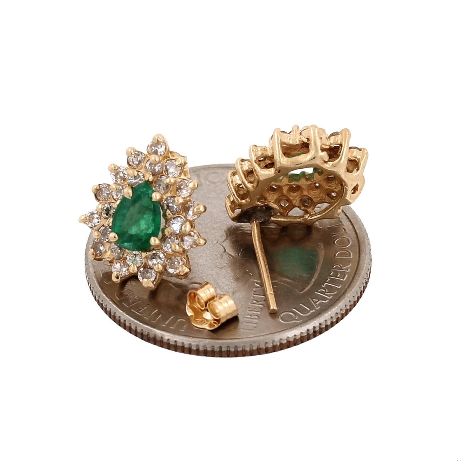 Pear Cut Emerald Diamond Halo Stud Earrings Yellow Gold 1.53 CTW Ladies Estate