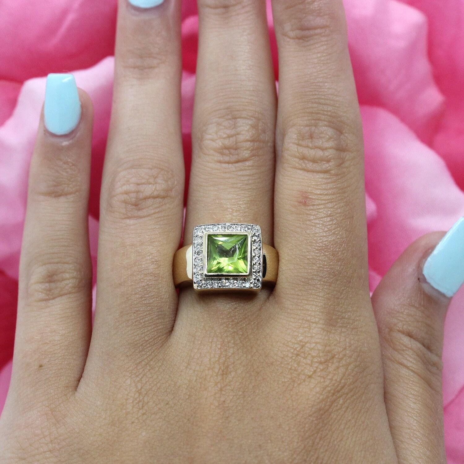 Peridot Diamond Square Set Ring 14K Yellow Gold 2.00 TW Bezel Halo SZ 5.5 Estate