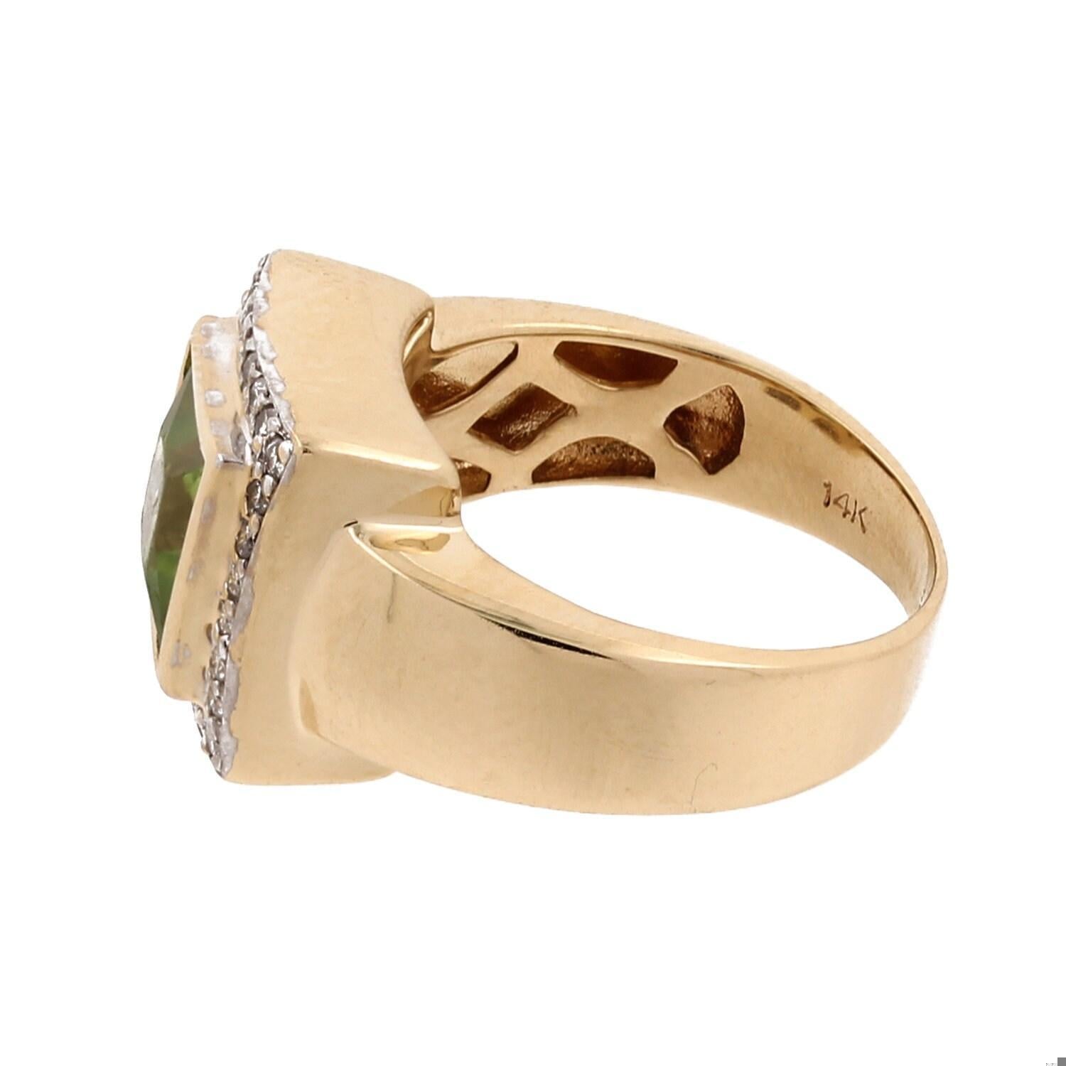 Peridot Diamond Square Set Ring 14K Yellow Gold 2.00 TW Bezel Halo SZ 5.5 Estate