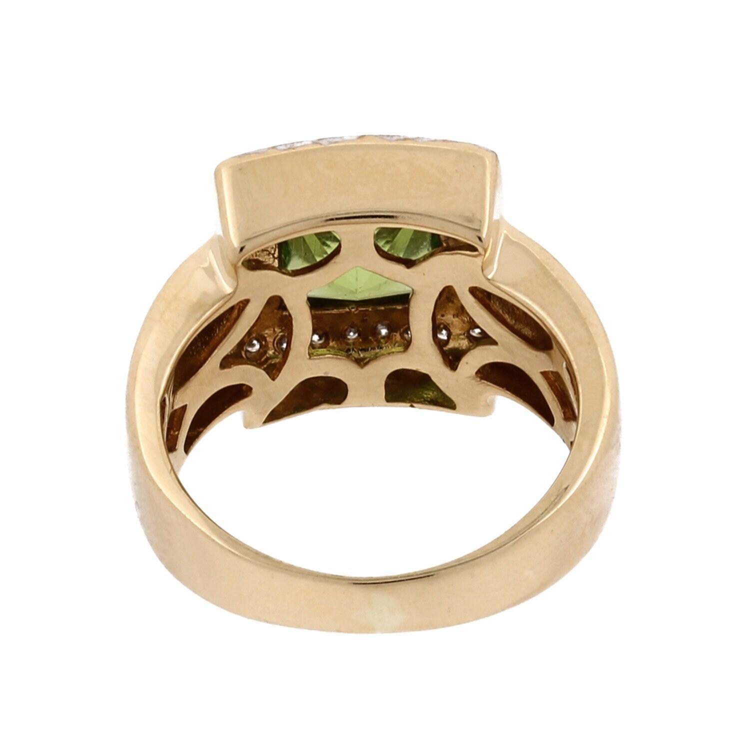 Peridot Diamond Square Set Ring 14K Yellow Gold 2.00 TW Bezel Halo SZ 5.5 Estate