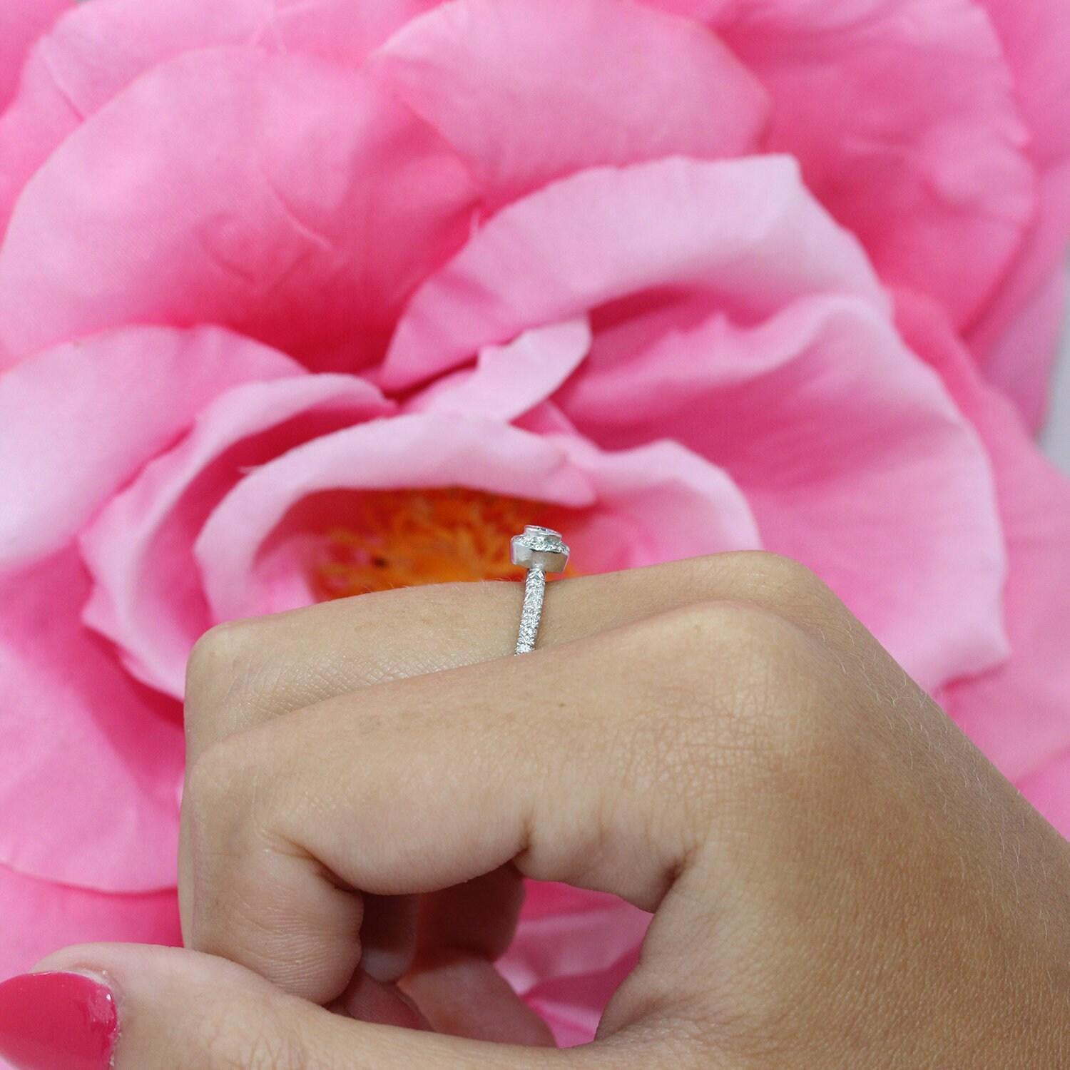 Platinum Round Diamond Halo Engagement Ring 0.35 TW Bezel Set SZ 5.25