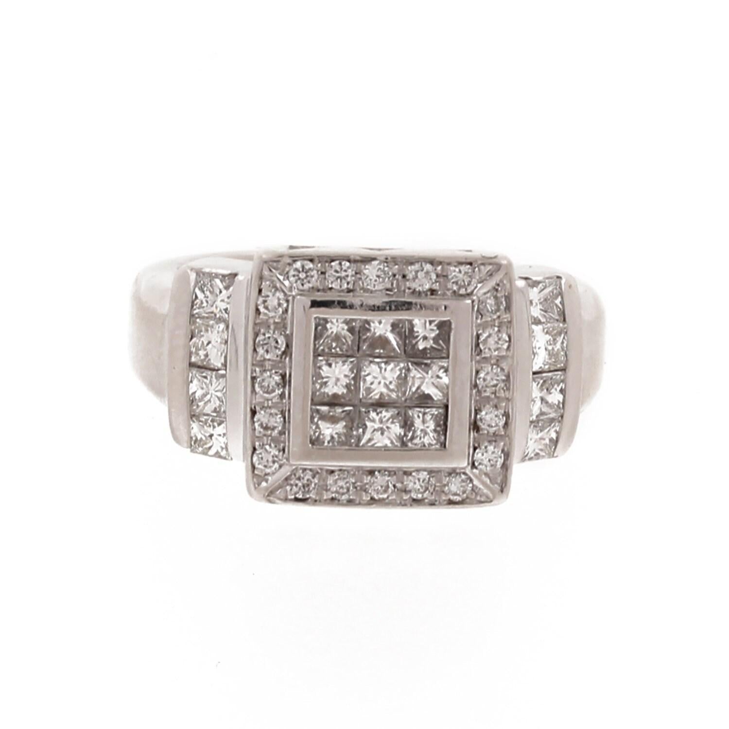 Princess Round Halo Diamond Square Ring 18K White Gold 1.10 TW Size 6.25 Ladies