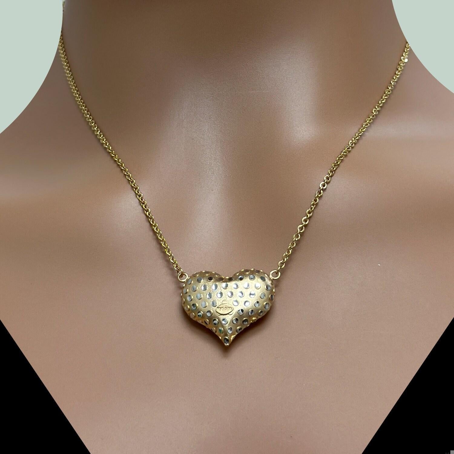Puffed Heart Pendant Cable Chain Necklace 18K Two-Tone Gold 3D 17.75" Estate