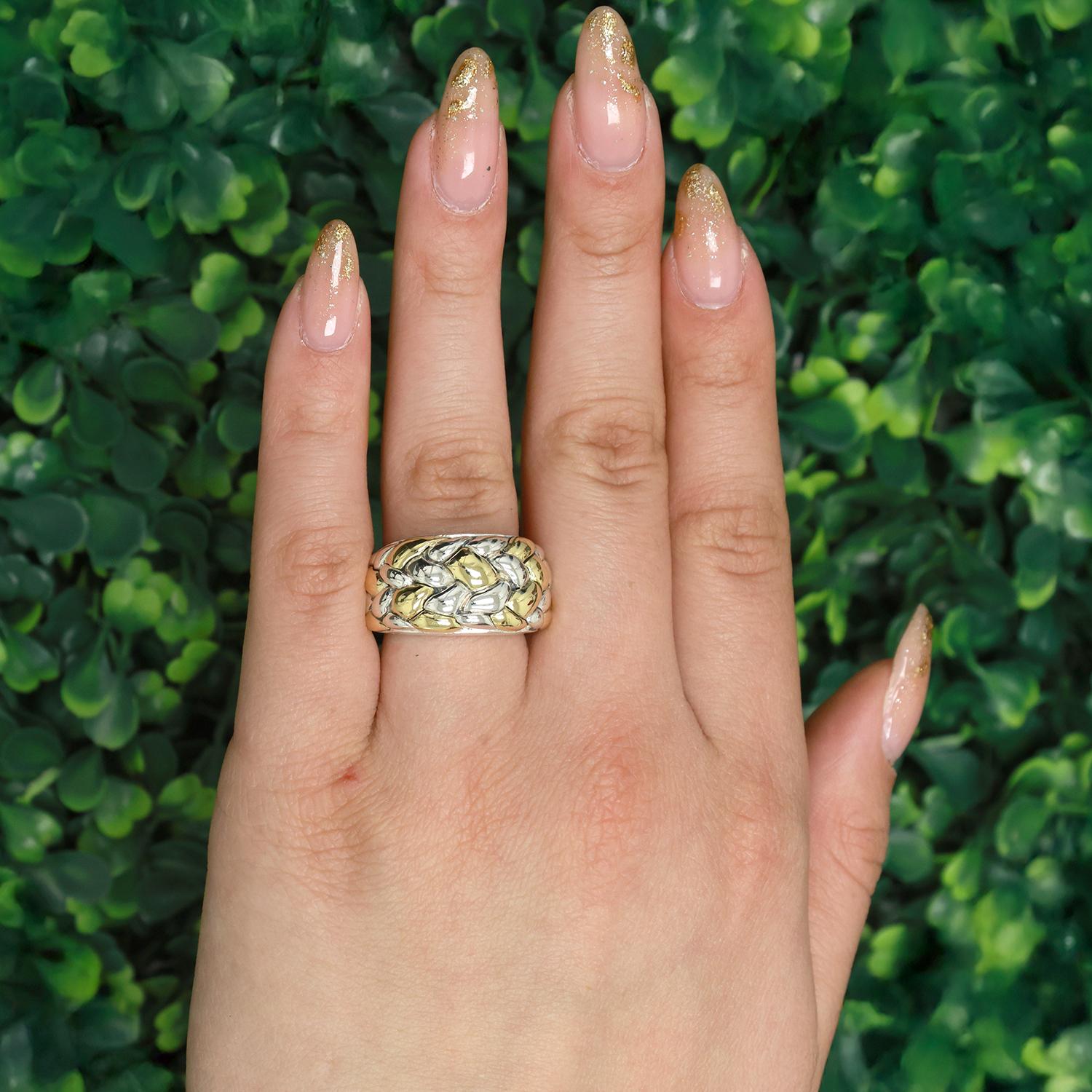 Scott Kay Basket Weave Wide Band Ring Sterling Silver 18K Yellow Gold Size 7.25