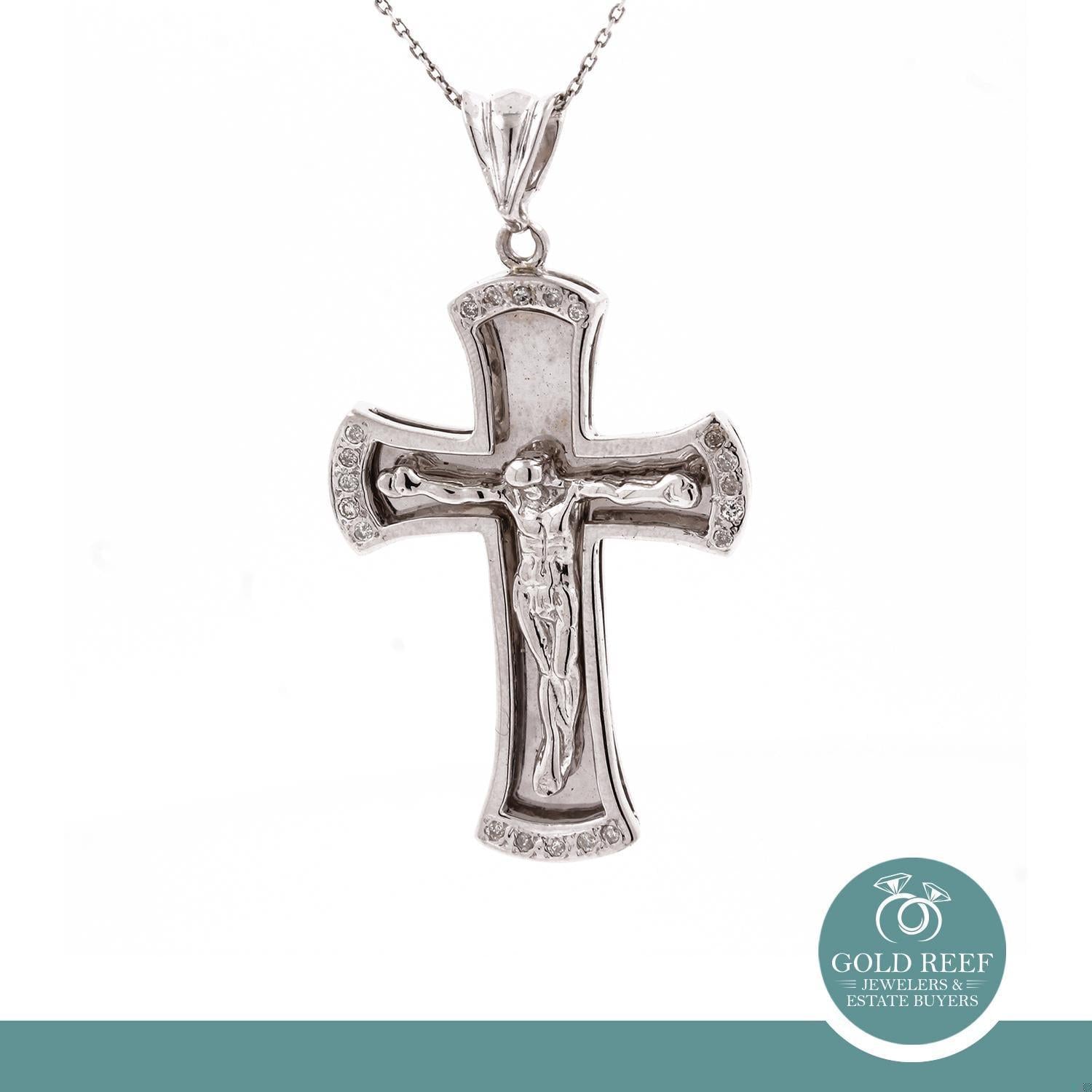 Religious Diamond Crucifix Cross Pendant 0.20 TW 14K White Gold Large Size 2.25"