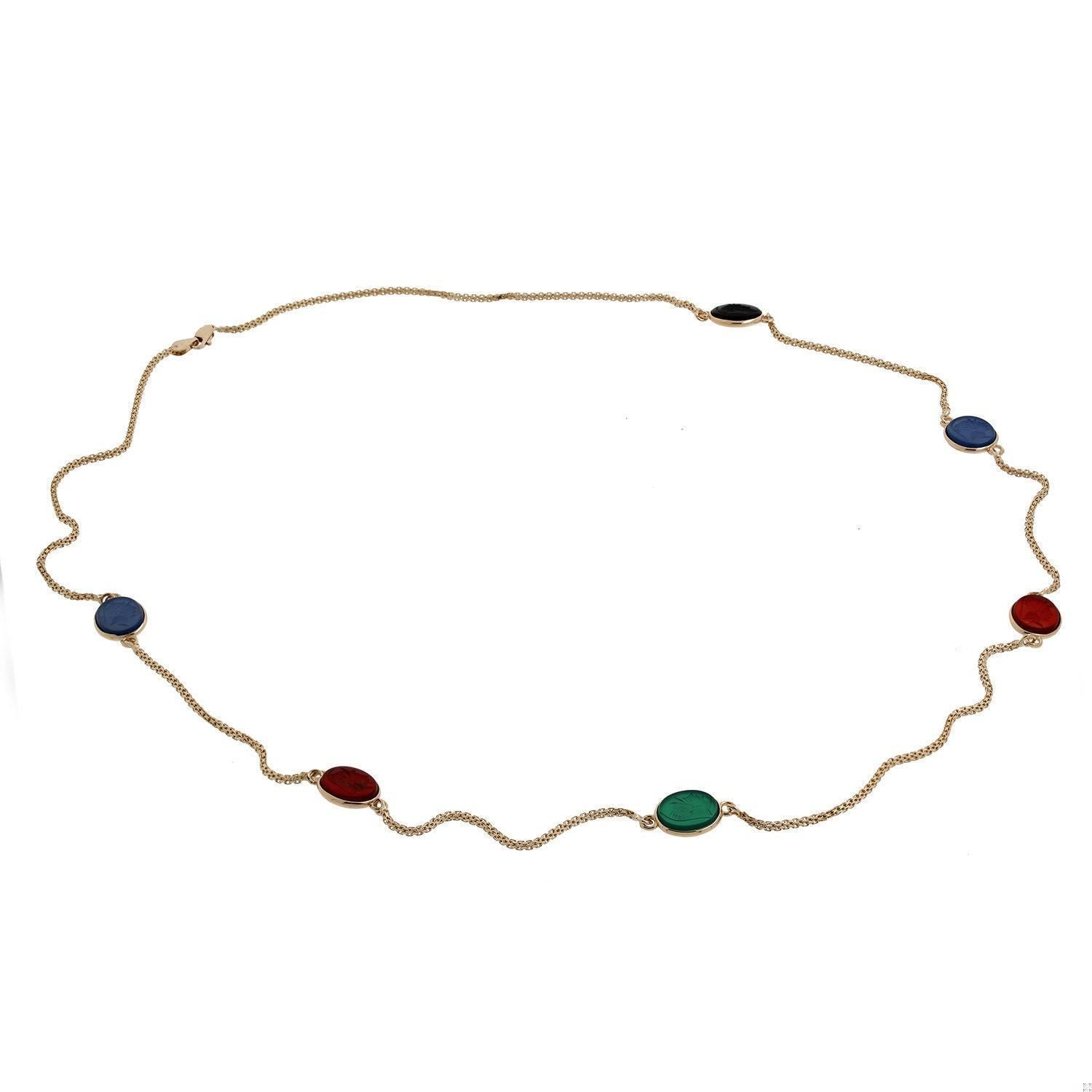 Roman Carved Intaglio Multi Gem Station Necklace 14K Yellow Gold Box Link 30"