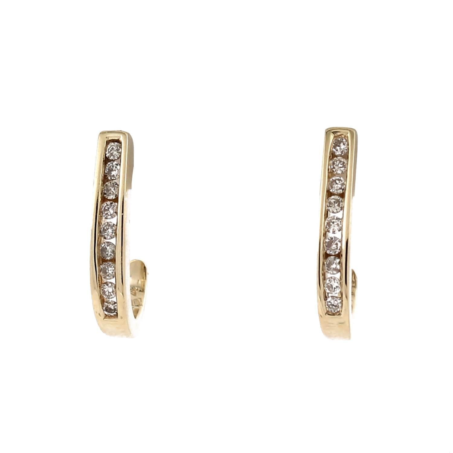 Round Diamond J Hoop Earrings 10K Yellow Gold 0.36 TW Channel Set Diamonds 0.60"