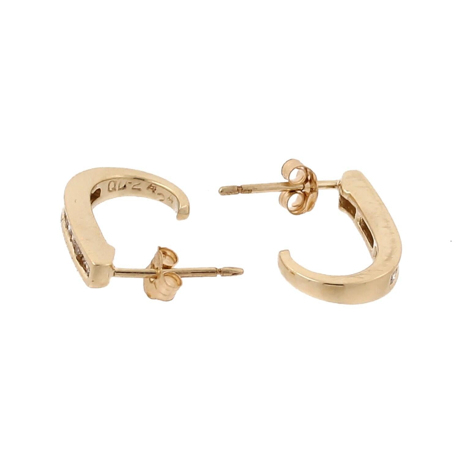 Round Diamond J Hoop Earrings 10K Yellow Gold 0.36 TW Channel Set Diamonds 0.60"