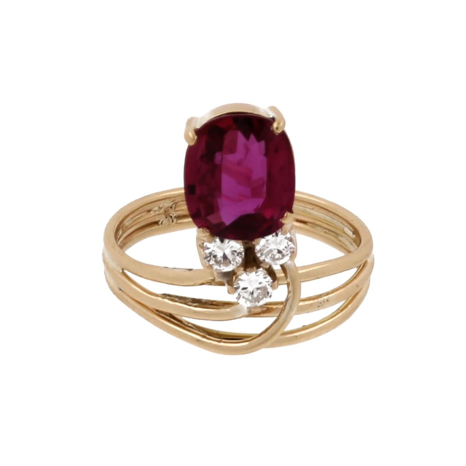 Ruby Diamond Cocktail Ring 14K Yellow Gold Swirl 3.53 CTW Size 6.5 Estate