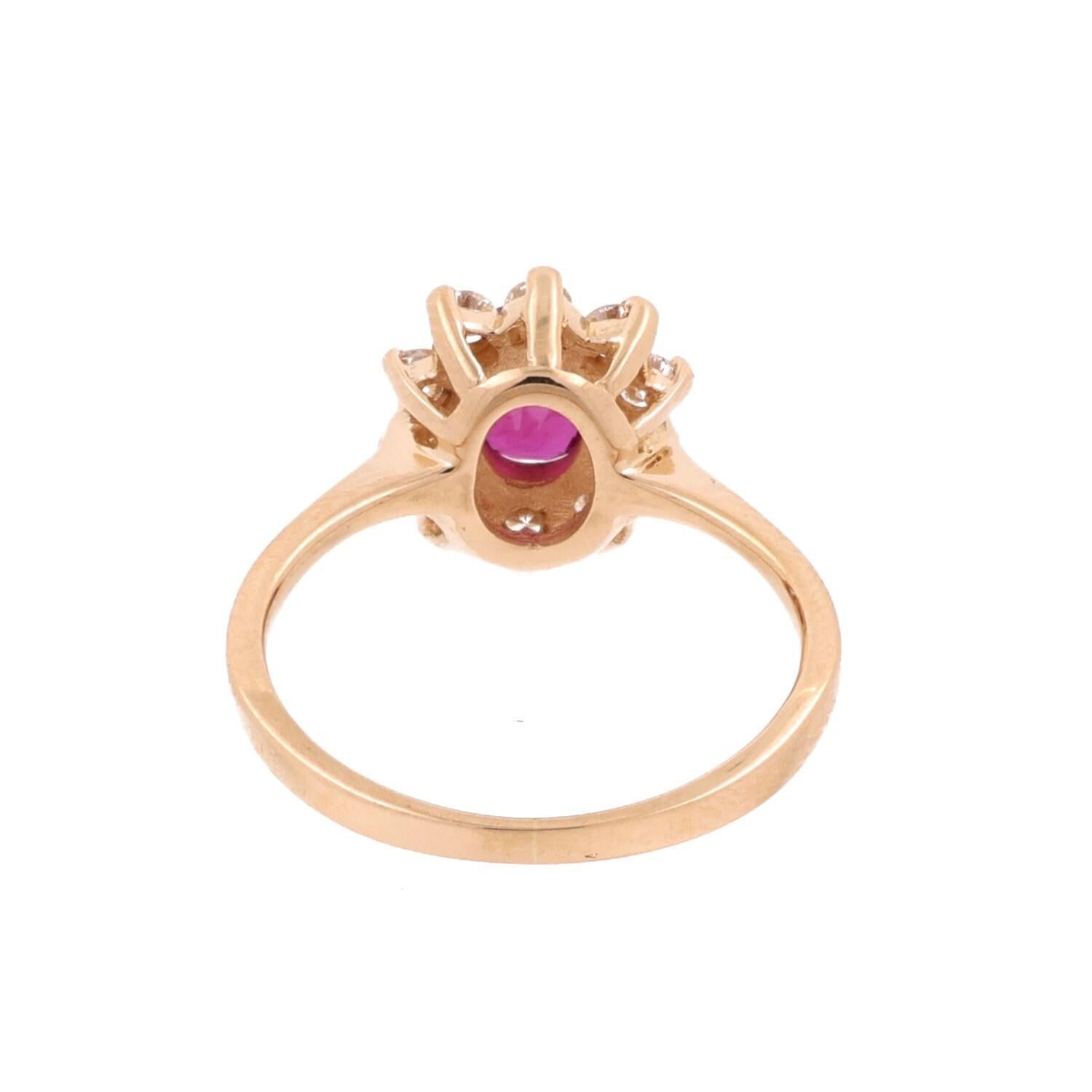Ruby Diamond Floral Ring Cocktail 18K Yellow Gold 0.90 CTW Size 5.75