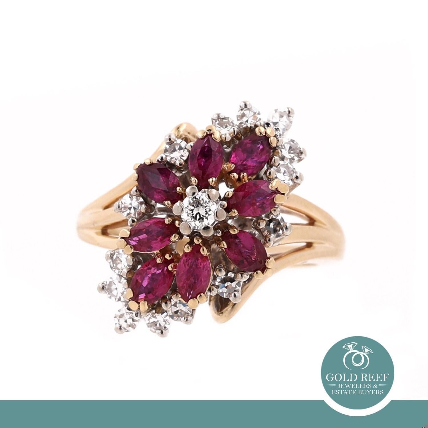 Ruby Diamond Flower Cocktail Ring Two-Tone Gold 2.15 CTW Size 7.25 Vintage