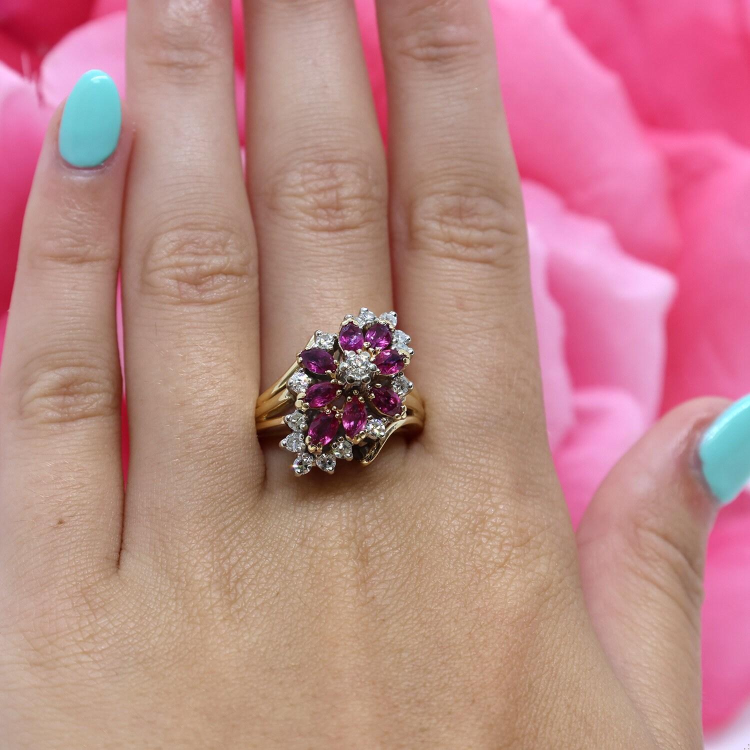 Ruby Diamond Flower Cocktail Ring Two-Tone Gold 2.15 CTW Size 7.25 Vintage