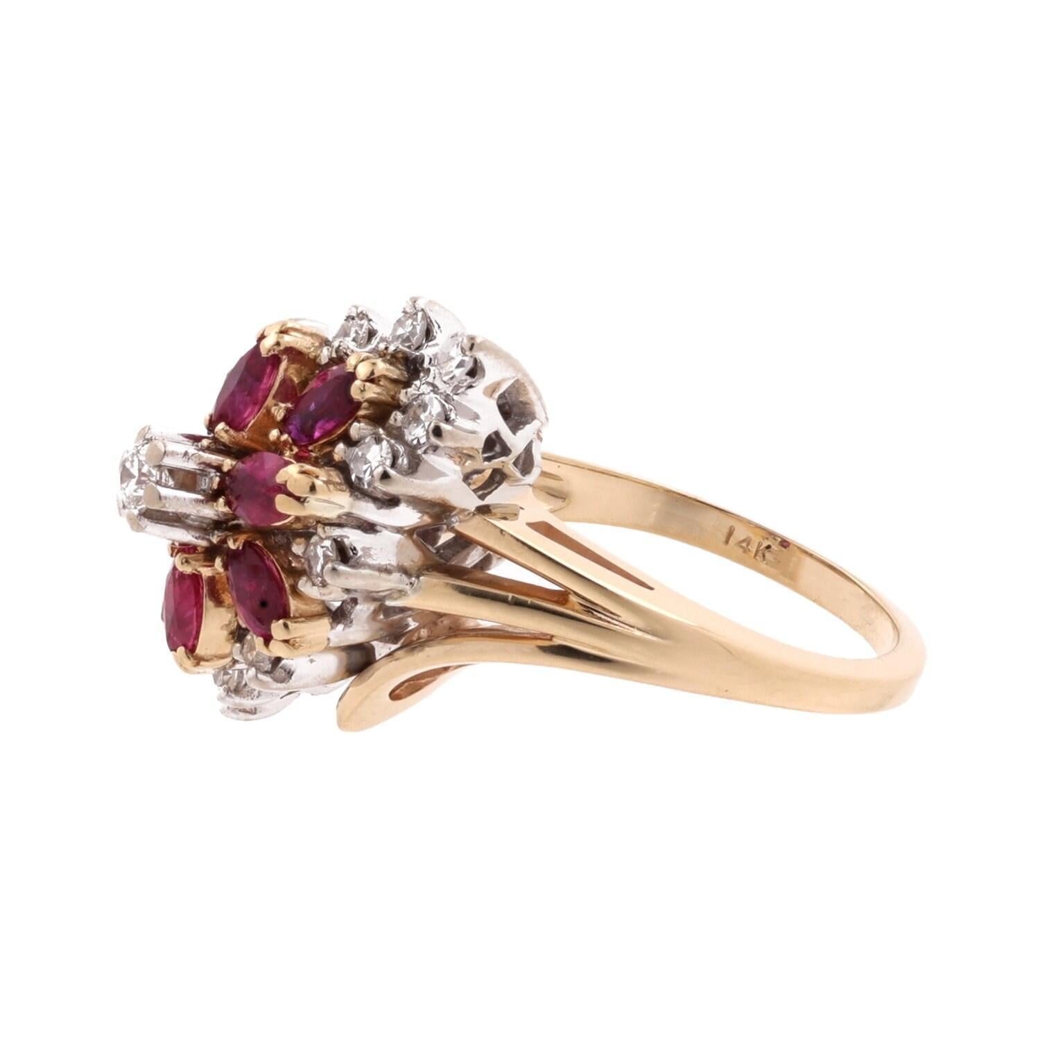 Ruby Diamond Flower Cocktail Ring Two-Tone Gold 2.15 CTW Size 7.25 Vintage