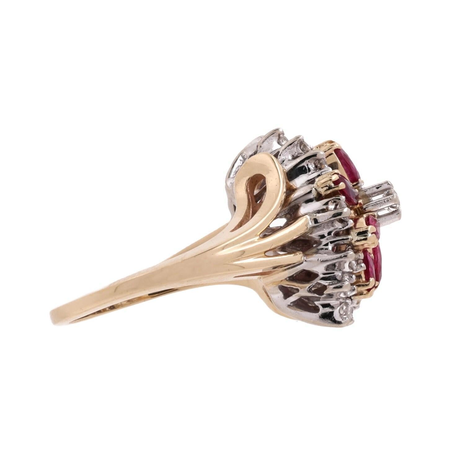 Ruby Diamond Flower Cocktail Ring Two-Tone Gold 2.15 CTW Size 7.25 Vintage