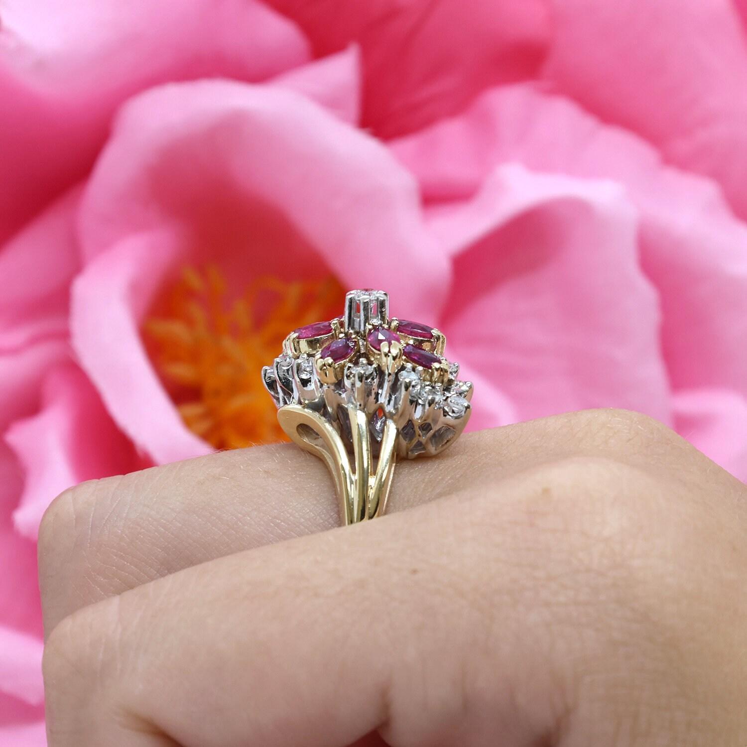 Ruby Diamond Flower Cocktail Ring Two-Tone Gold 2.15 CTW Size 7.25 Vintage