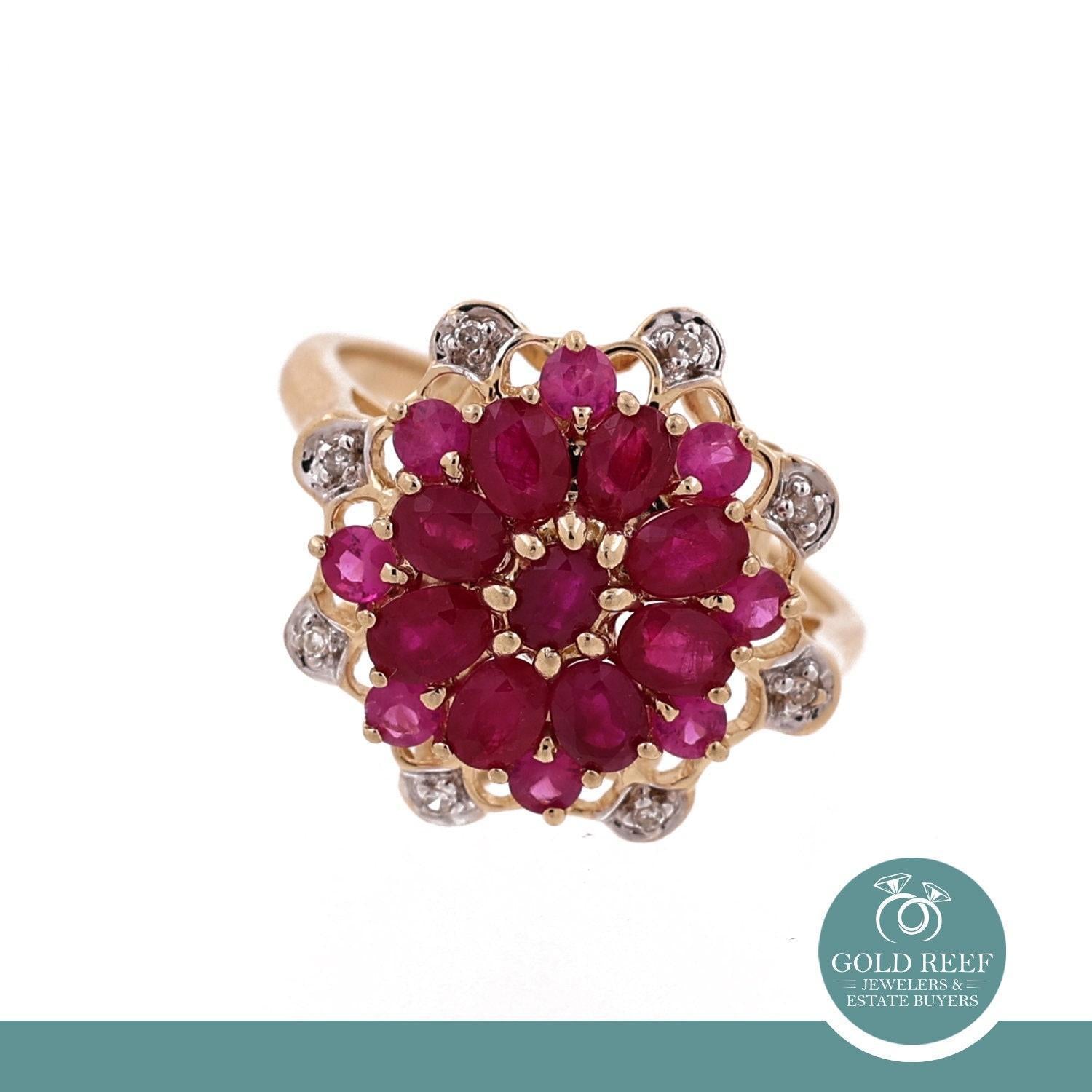 Ruby Pink Sapphire Diamond Flower Ring 14K Gold 2.91 CTW Size 9 Ladies Estate