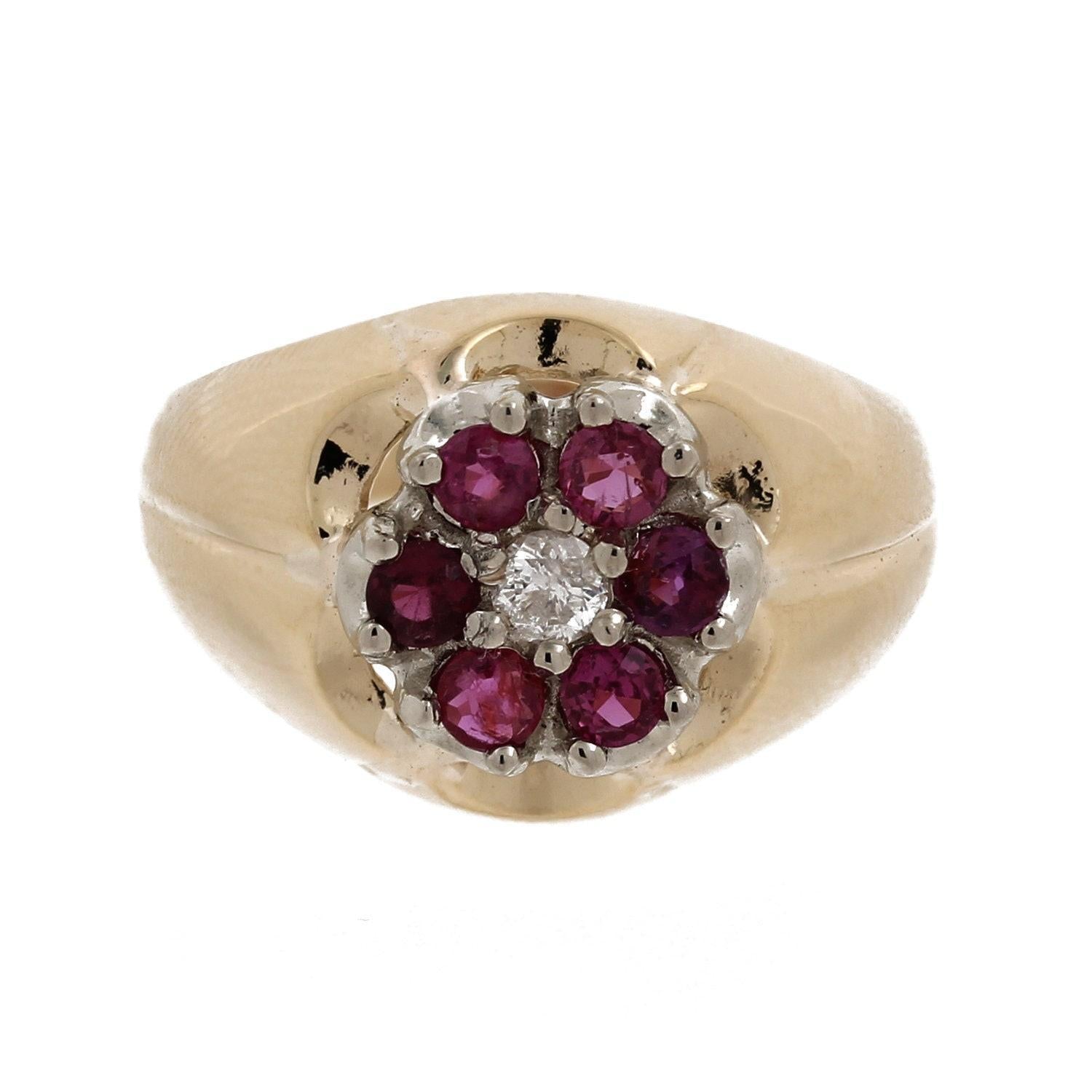 Ruby Diamond Signet Flower Ring Two-Tone Gold 1.08 CTW Size 10 Unisex Estate