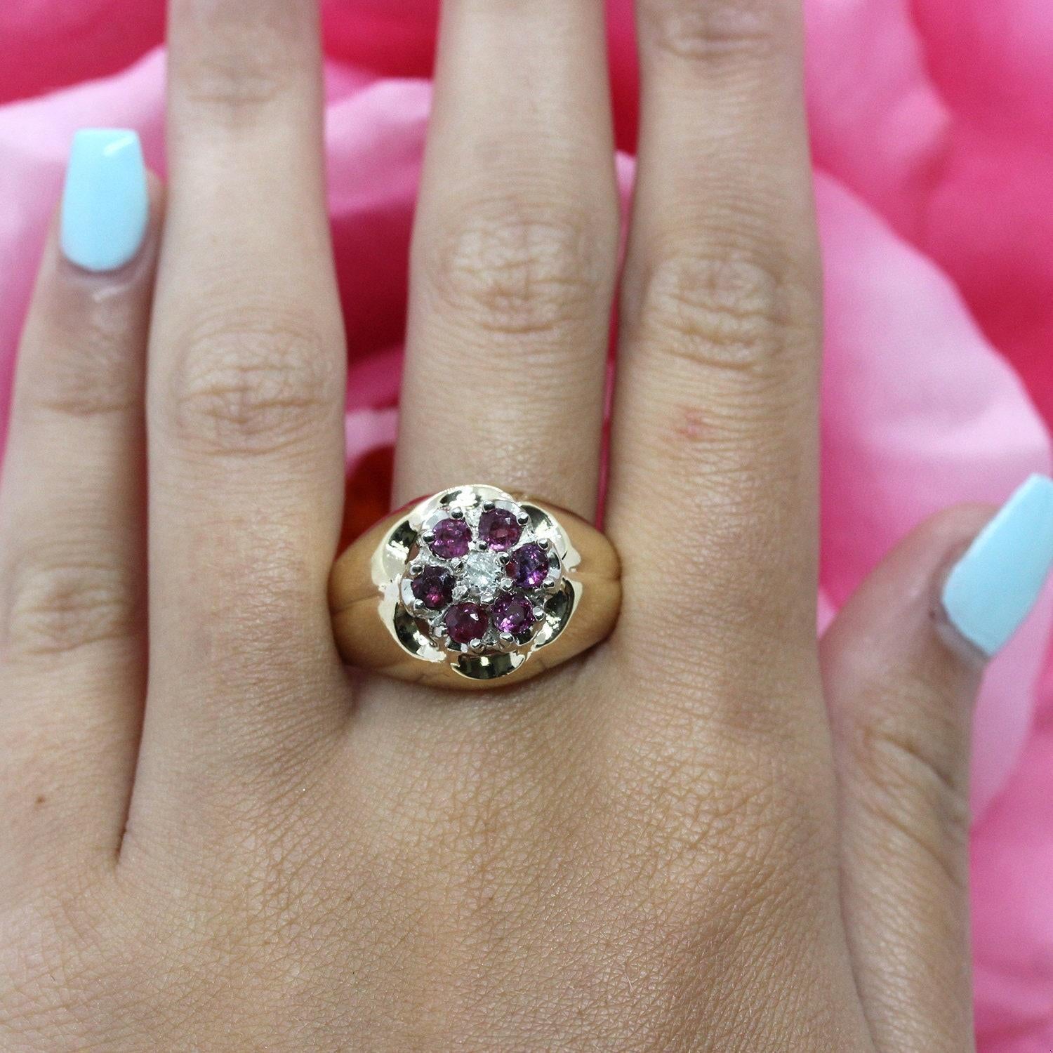 Ruby Diamond Signet Flower Ring Two-Tone Gold 1.08 CTW Size 10 Unisex Estate