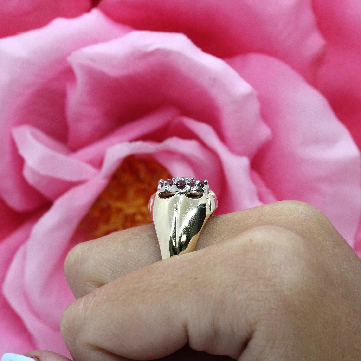 Ruby Diamond Signet Flower Ring Two-Tone Gold 1.08 CTW Size 10 Unisex Estate