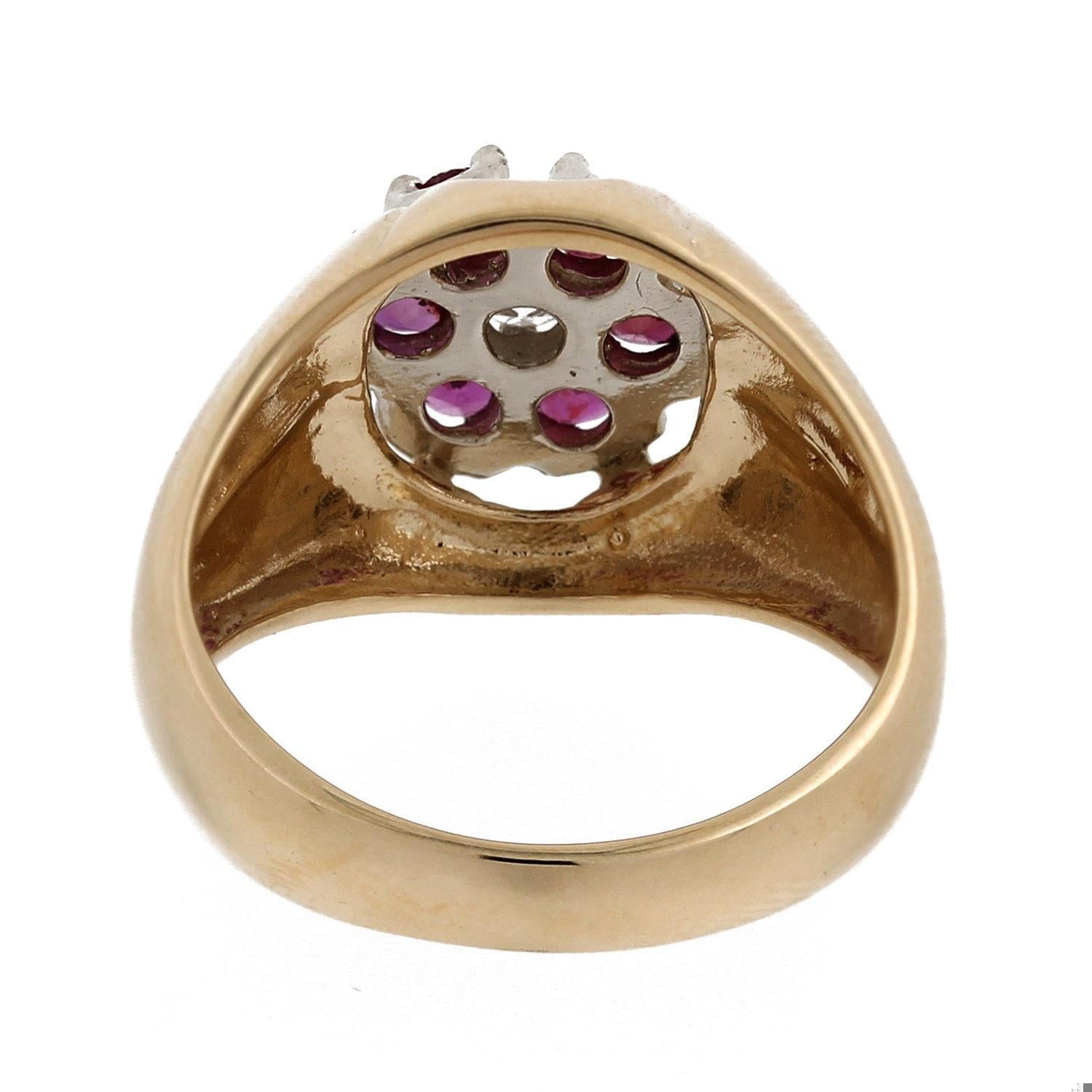 Ruby Diamond Signet Flower Ring Two-Tone Gold 1.08 CTW Size 10 Unisex Estate