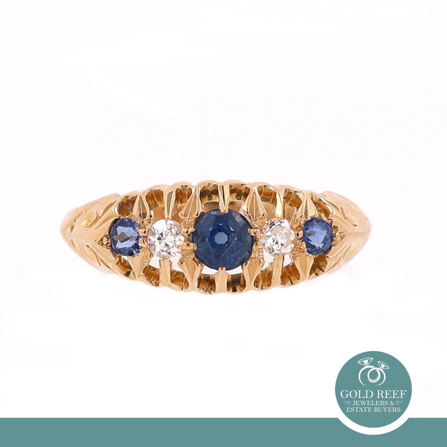 Sapphire Diamond Filigree Band Ring 18K Yellow Gold 0.38 CTW Size 6.25 Estate